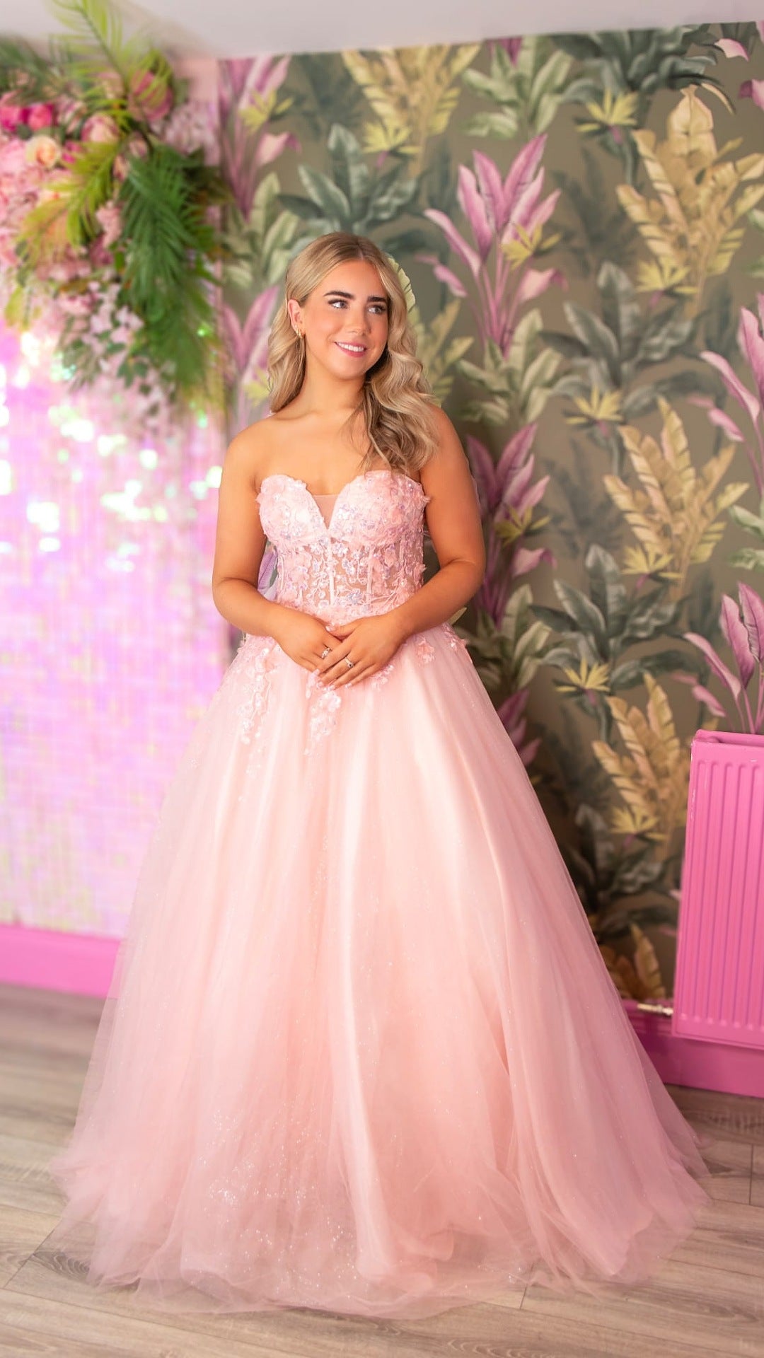 Ellen Baby Pink Strapless Flower Detail Ball Gown Formal Prom Dress