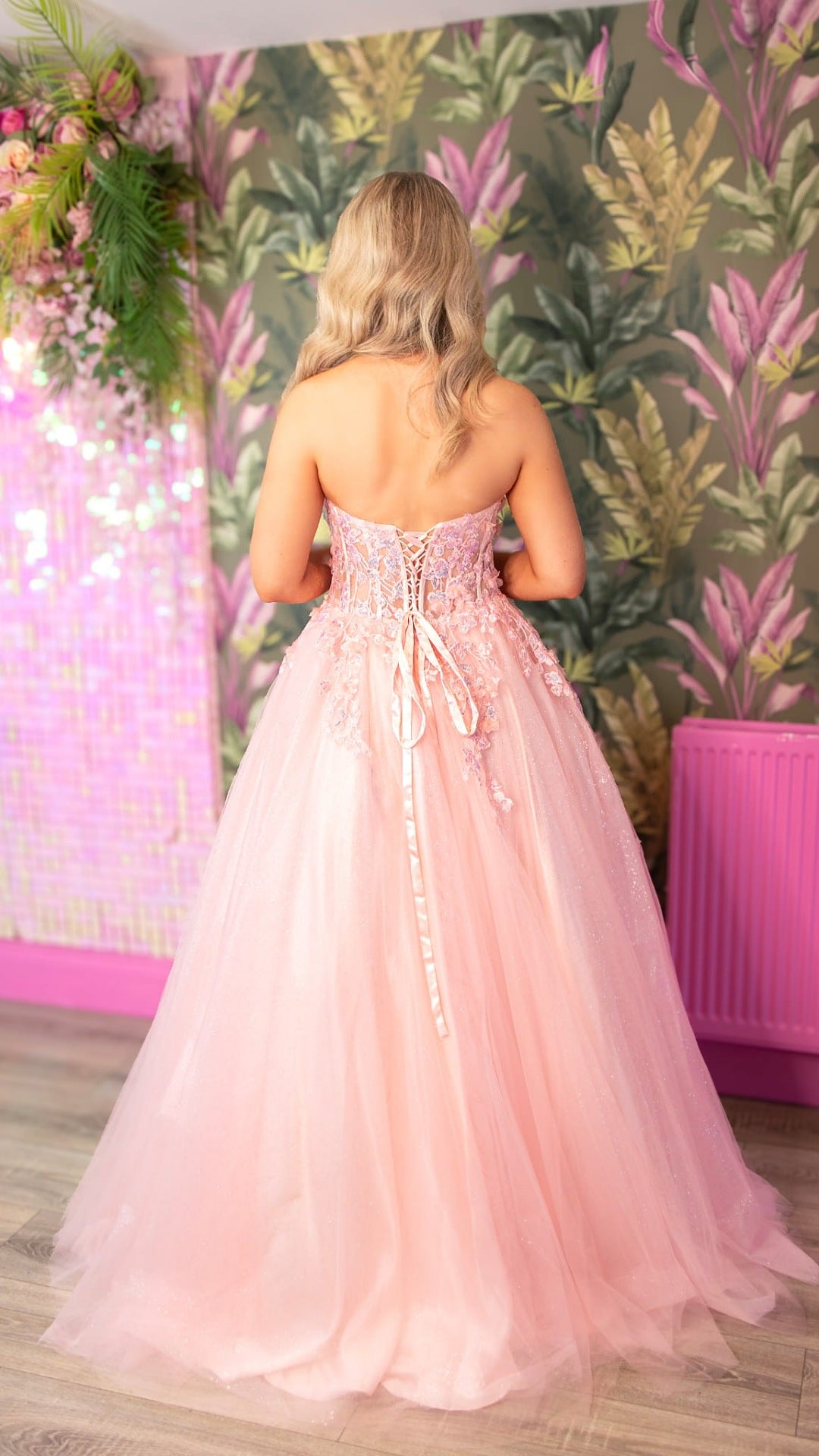 Ellen Baby Pink Strapless Flower Detail Ball Gown Formal Prom Dress