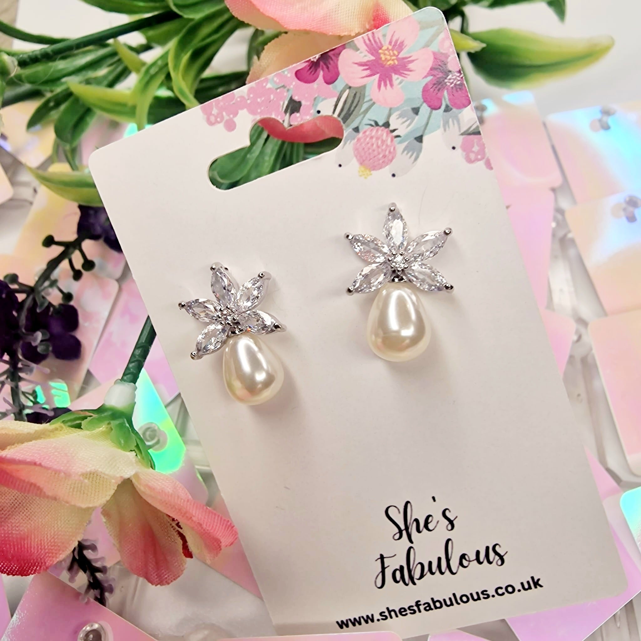 Ersa Silver Flower Pearl Crystal Earring