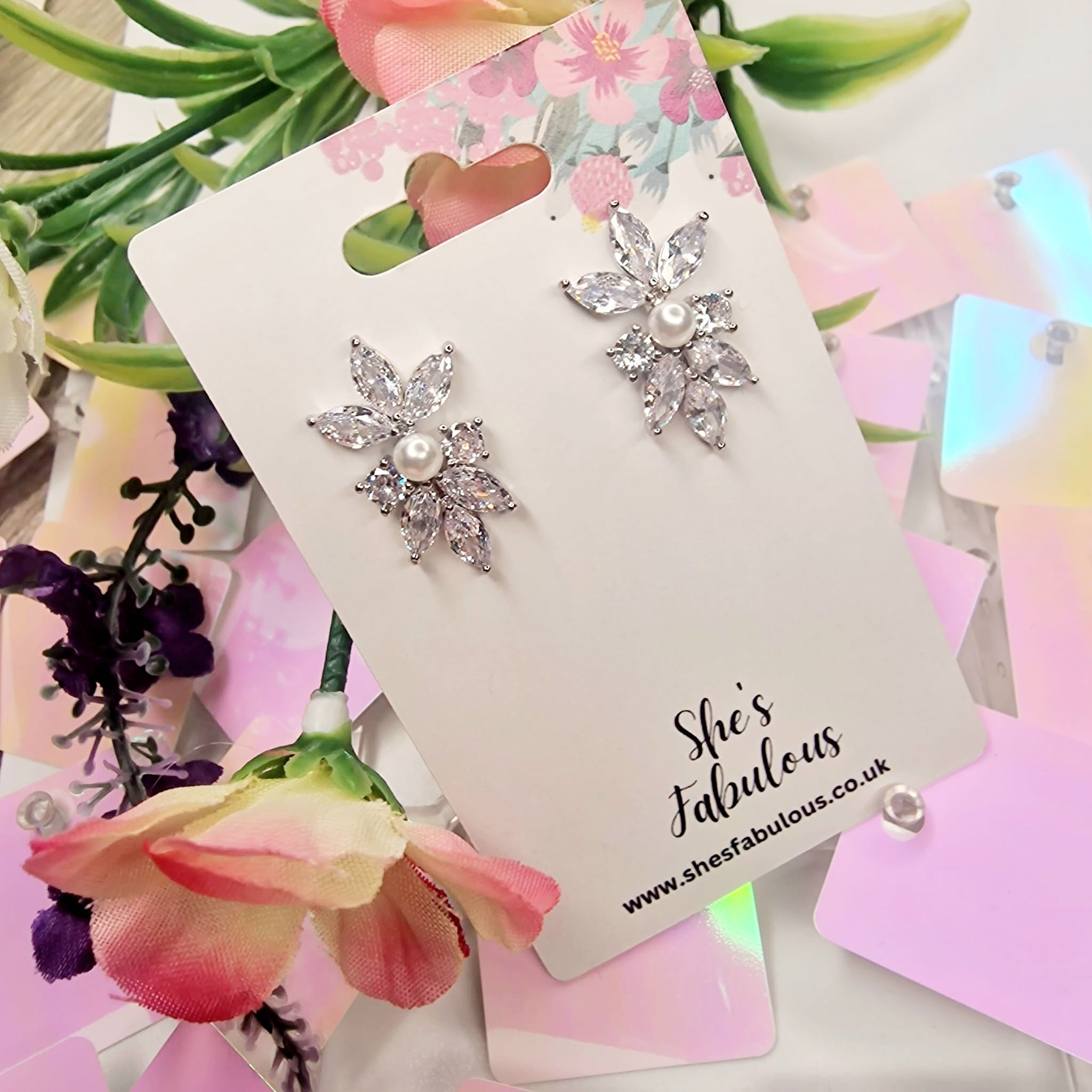 Effie Pearl Leaf Crystal Rhinestone Earrings