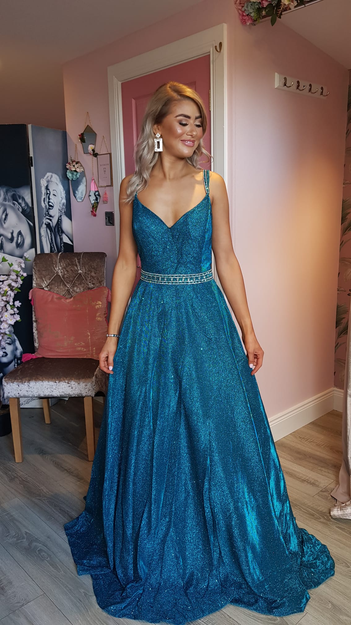 Alexa Blue Sparkle Skinny Strapped Ball gown Formal Prom Dress