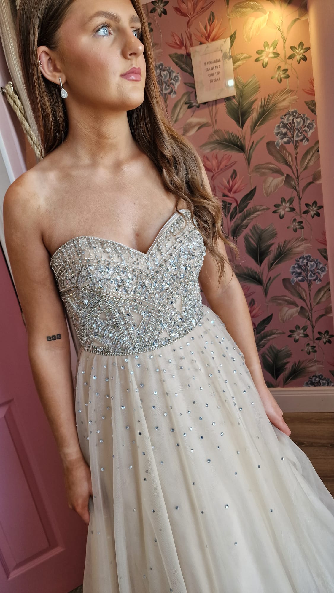 Gabriella Champagne Beaded Bodice Stapless Low Back Formal Prom Dress