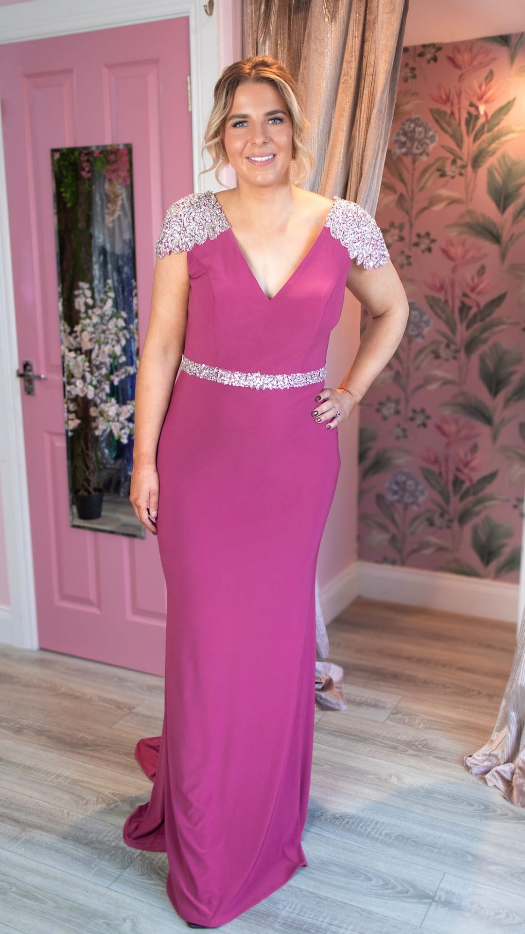 Sarah Magenta V Neck Sequin Shoulder Cap Bridesmaids Dress