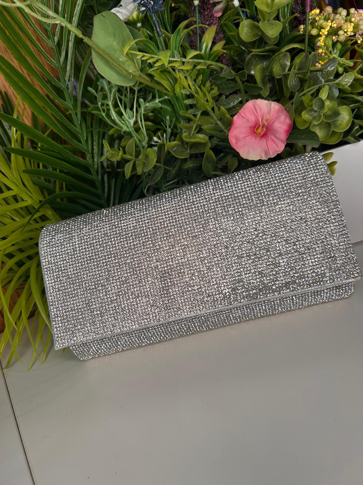 Ellen Silver Crystal Sparkle Clutch Handbag