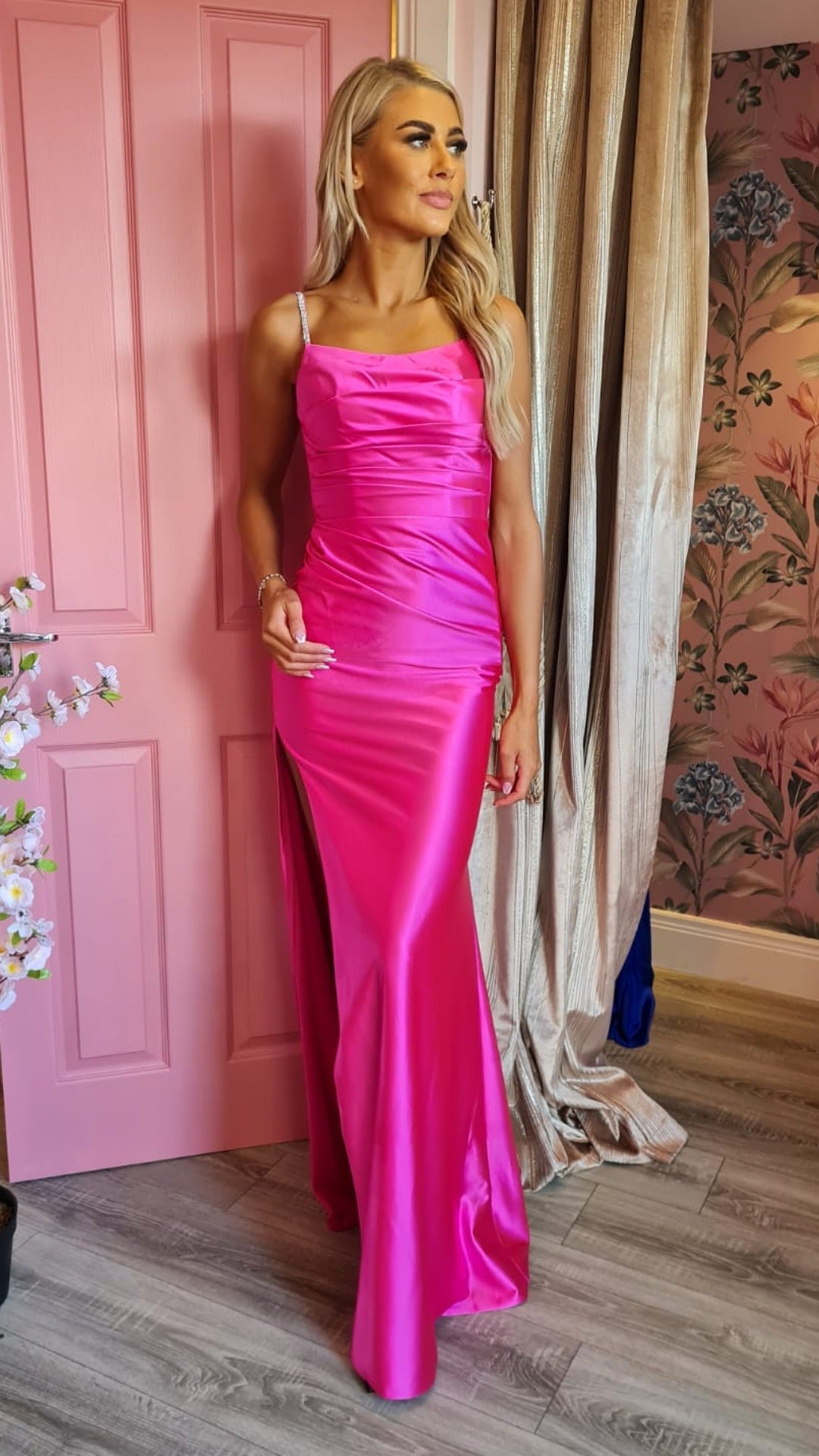 Acacia Hot Pink Cerise Satin Side Legsplit Diamante Strapped Formal Prom Dress