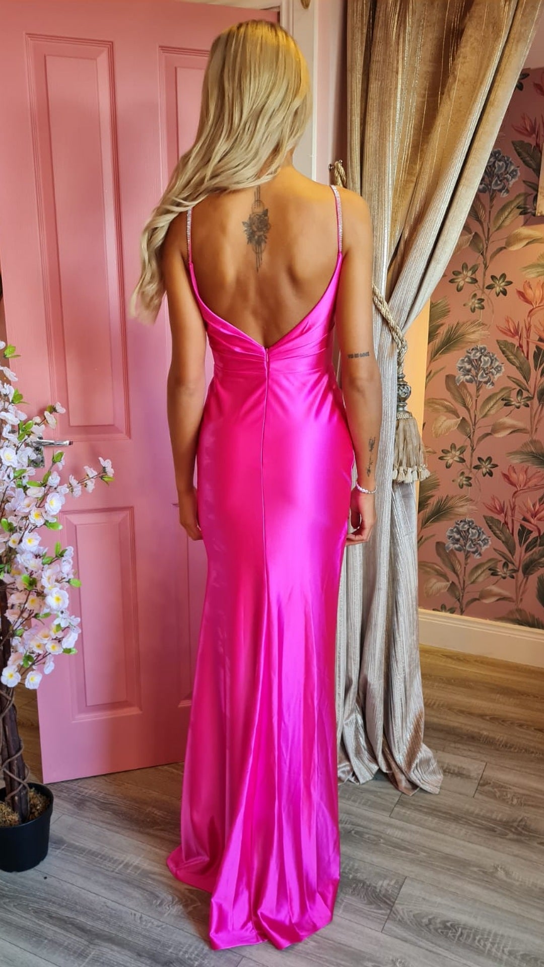 Acacia Hot Pink Cerise Satin Side Legsplit Diamante Strapped Formal Prom Dress