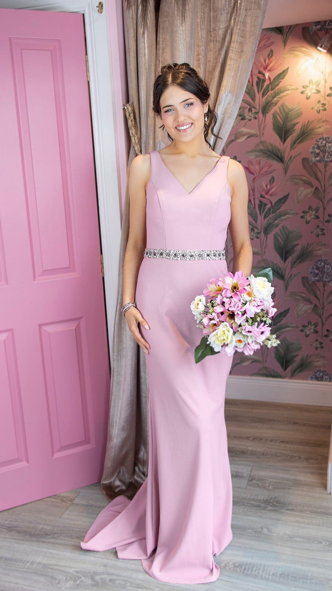 Leah Pink Low Back With Belt Bridesmaid Dress