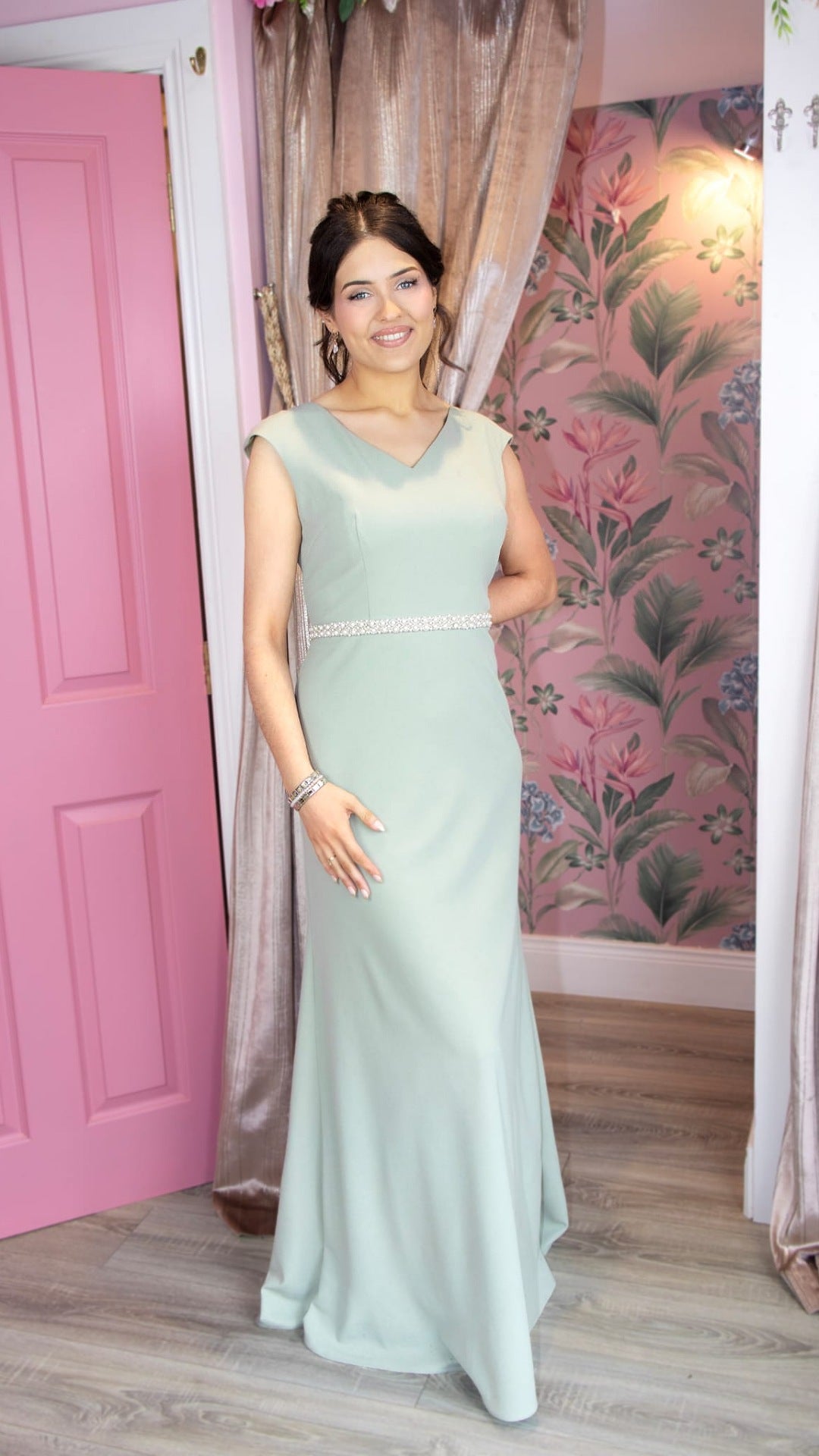 Aria Sage Green Beaded Belt Plain & Elegant Bridesmaids Dress