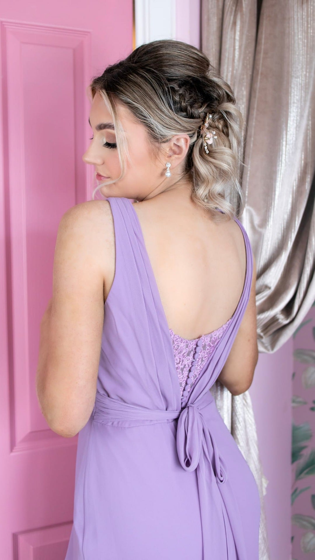 Lily Lilac Laced Buttoned Back With Tie At Waist Bridesmaids Dress