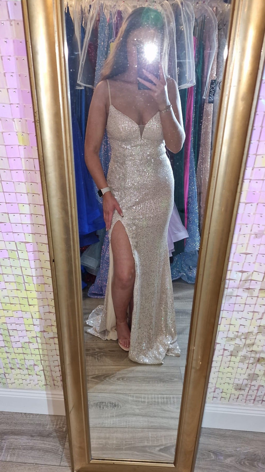 Brianna Silver Spaghetti Straps Cutout Back Leg Split Formal Prom Dress