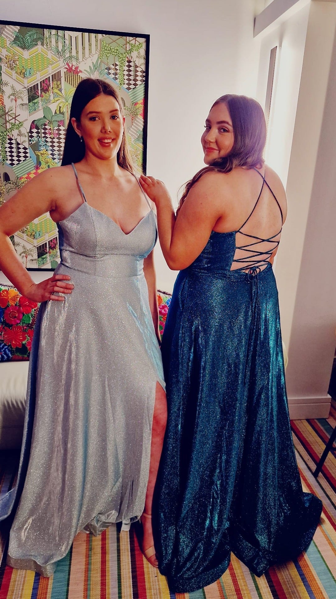 Chelsea Teal Glitter Material Skinny Straps Laced Back Formal Prom Dress