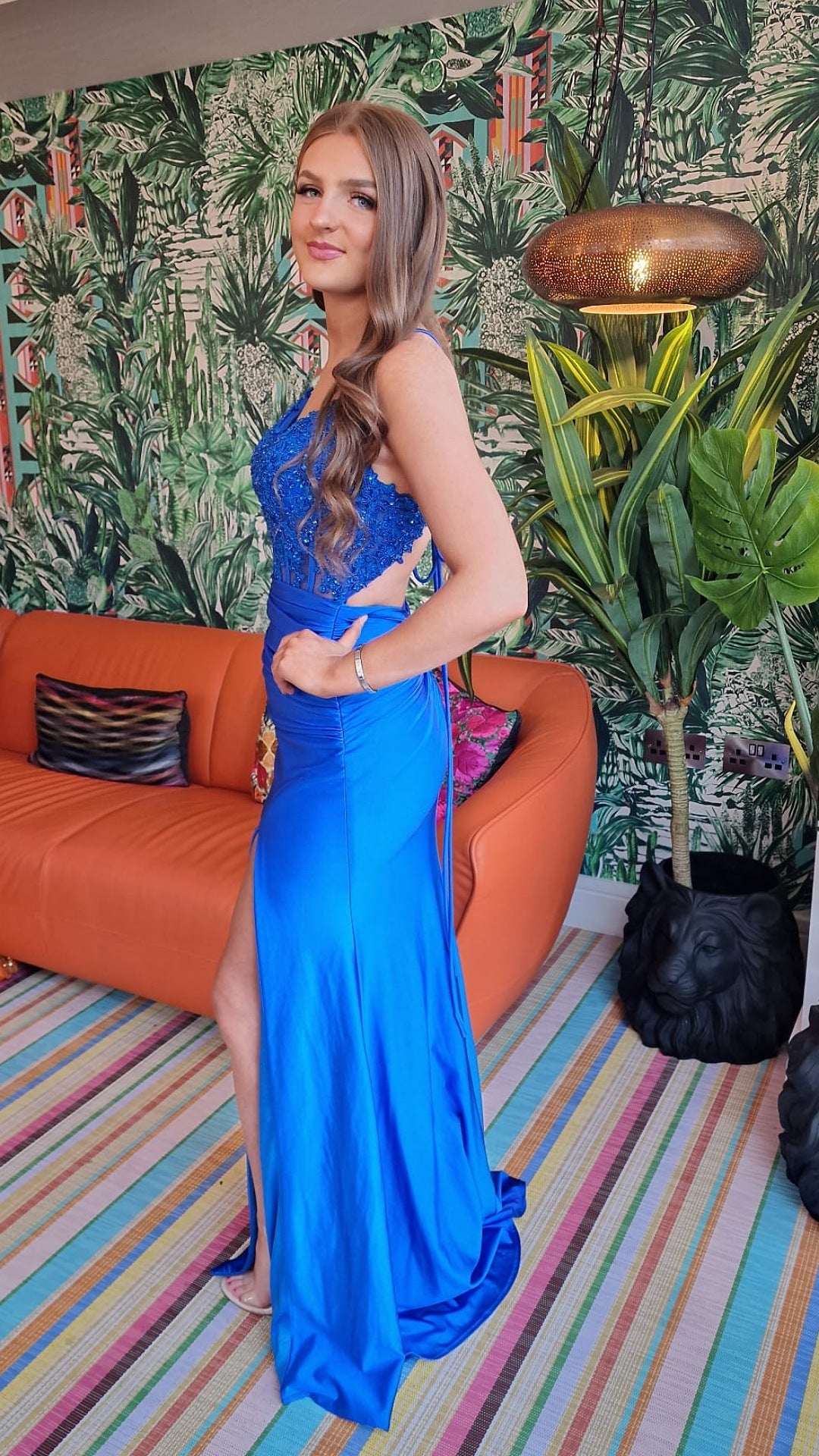 Jill Blue Laced Bodice With Laced Back Leg Split Formal Prom Dress