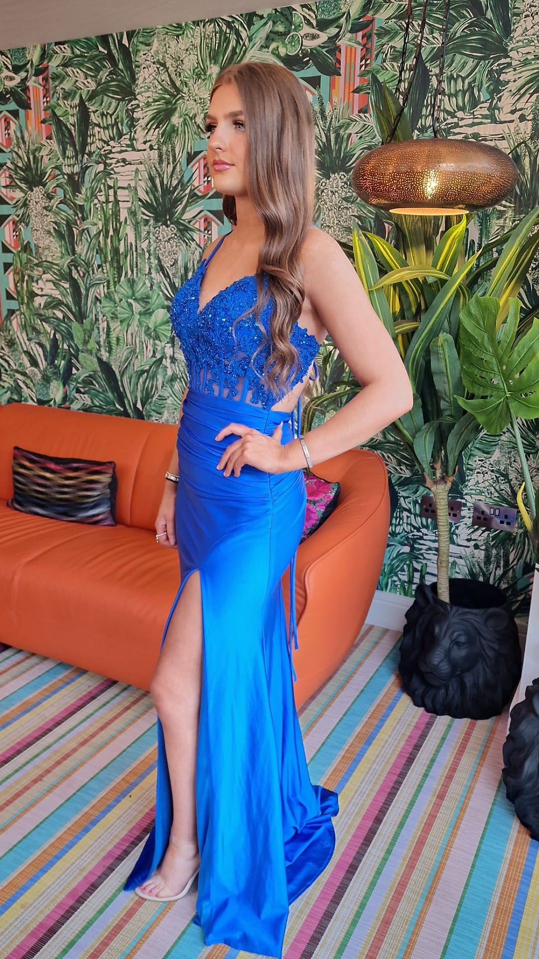 Jill Blue Laced Bodice With Laced Back Leg Split Formal Prom Dress