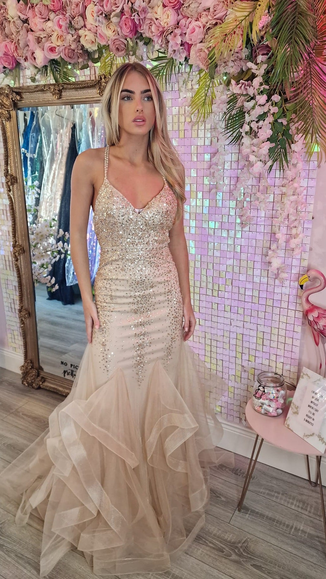 Lucy Champagne Rose Gold Fishtail Embellished Bodice And Straps Form