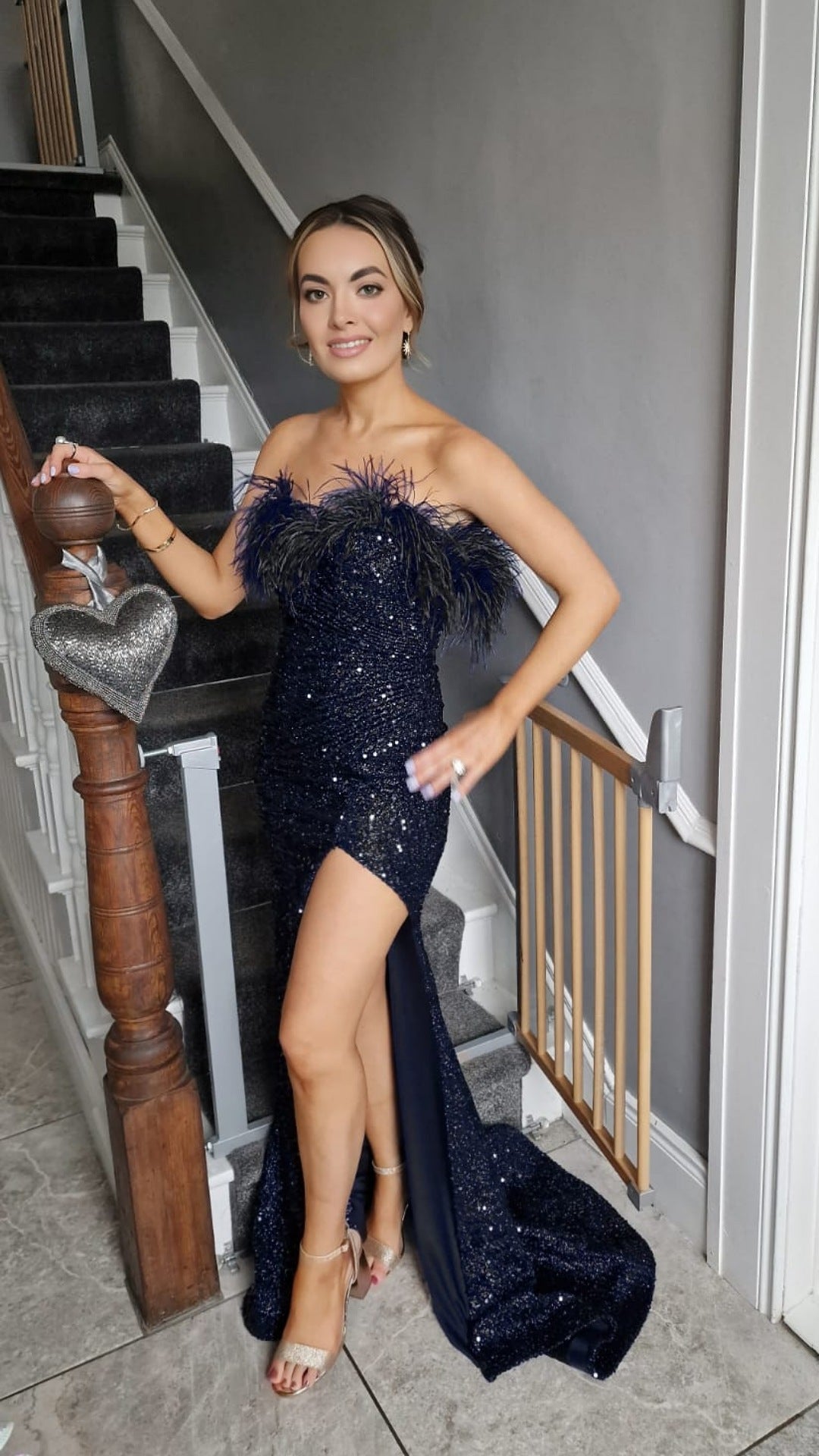 Felicity Navy Feather Sequin Strapless High Leg Split Formal Prom Dress