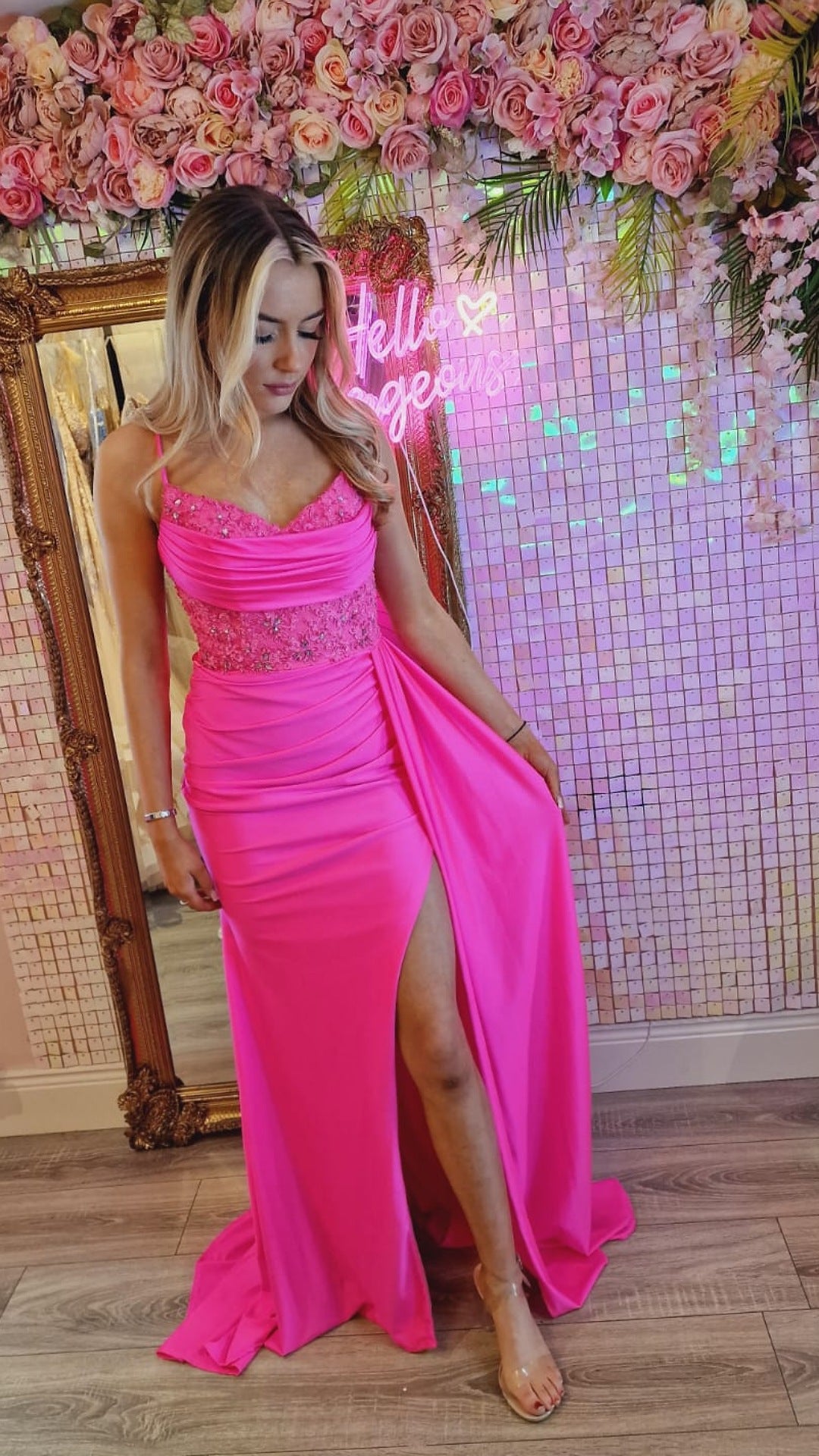 Joanne Pink Laced Up Back And Corset With Side Train Formal Prom Dress