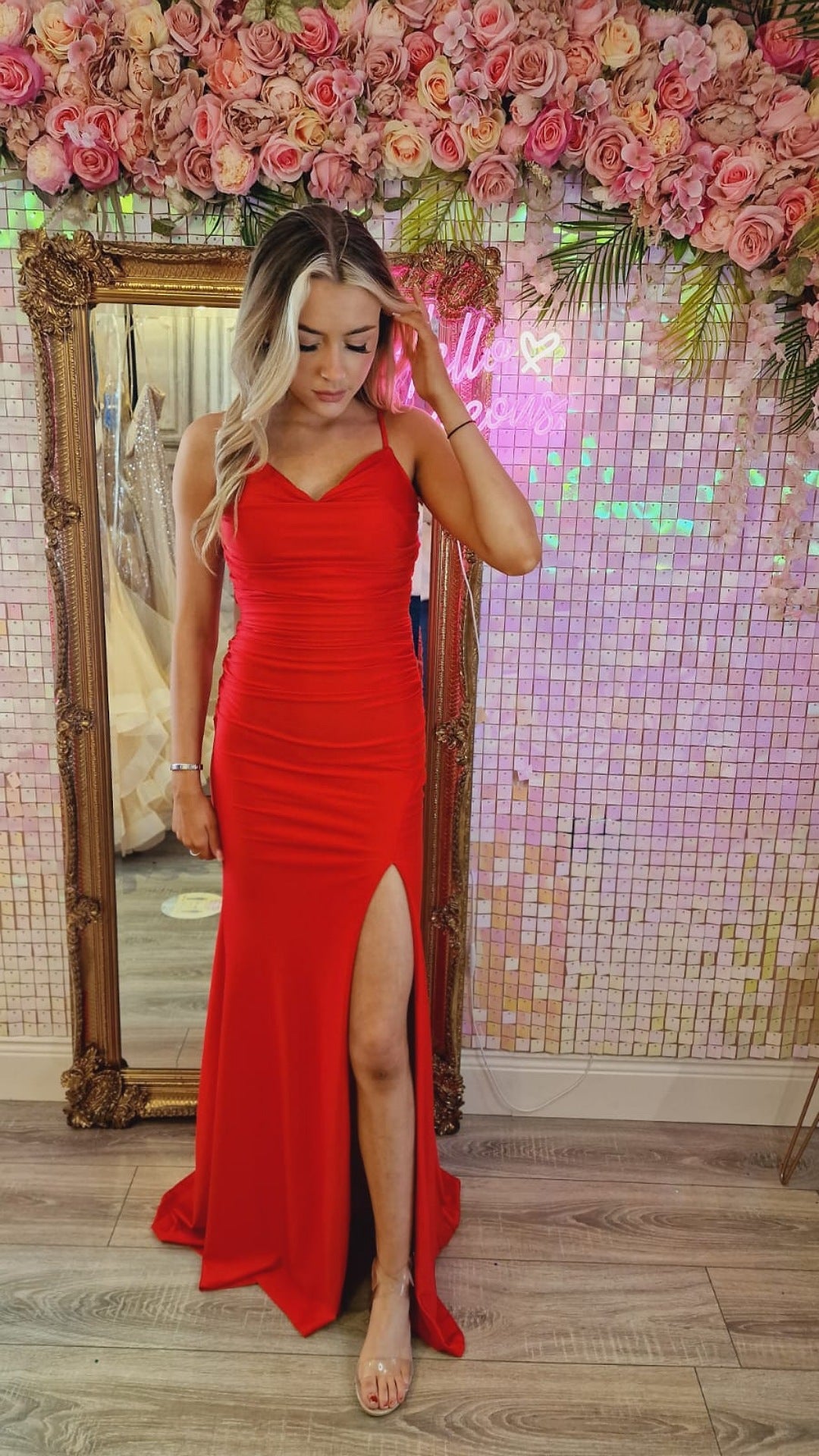Abbie Red Leg Split Crisscross Straps Formal Prom Dress