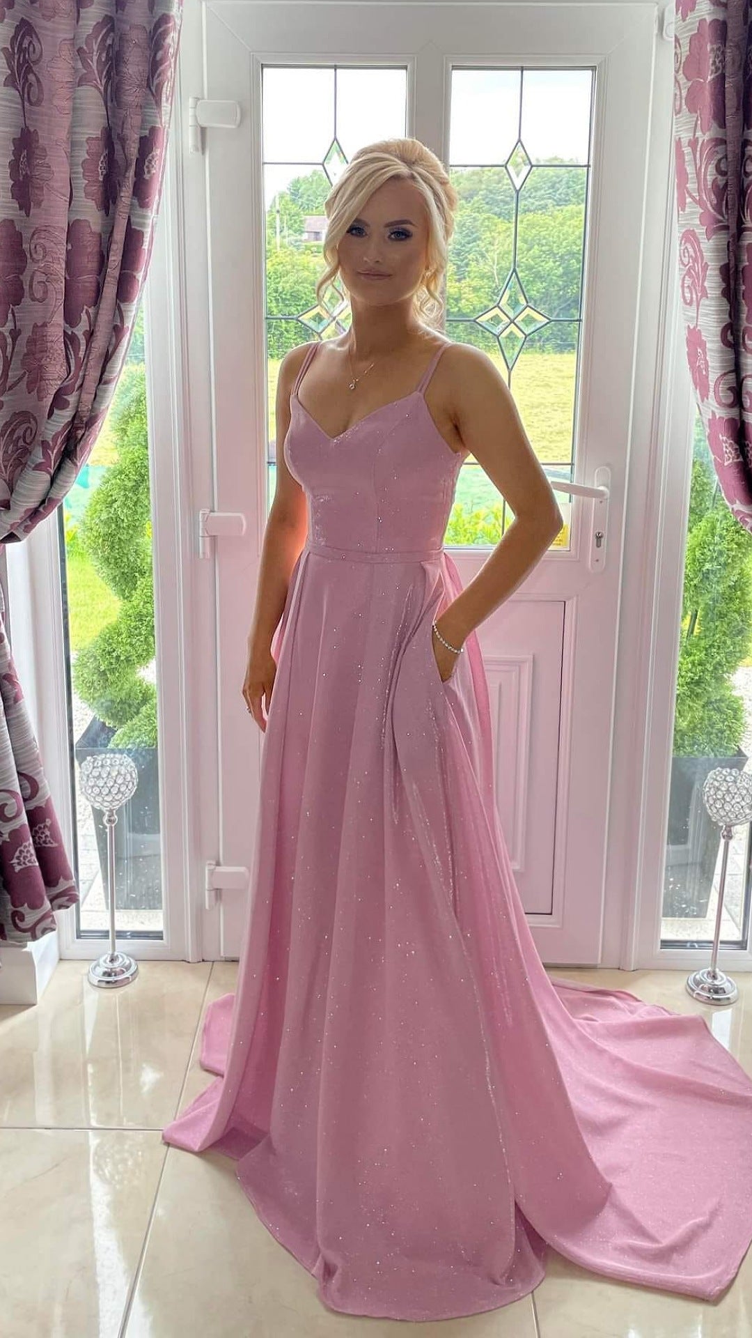 Cleo Pink Sparkle Skinny Strapped Formal Prom Dress