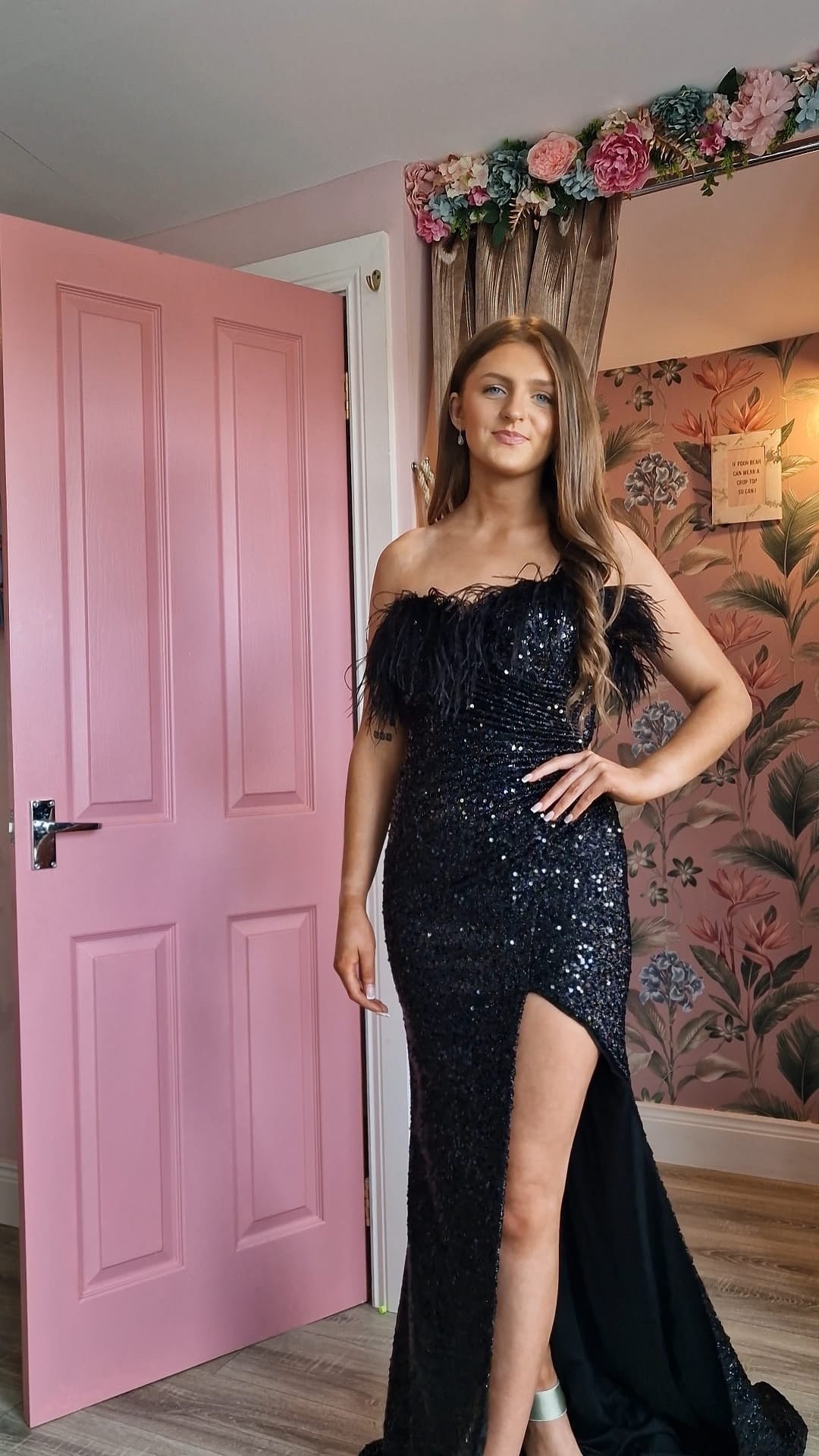 Felicity Black Feather Sequin Strapless High Leg Split Formal Prom Dress