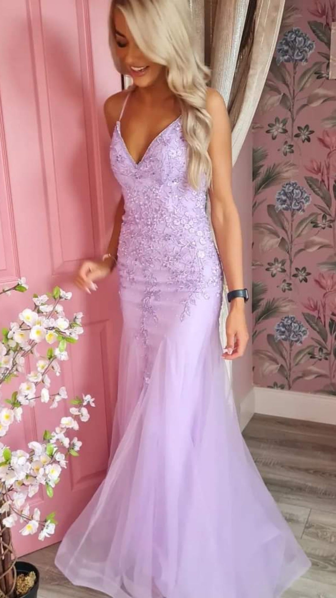 Natasha Lilac Embroidered Bodice With Laced Back Formal Prom Dress