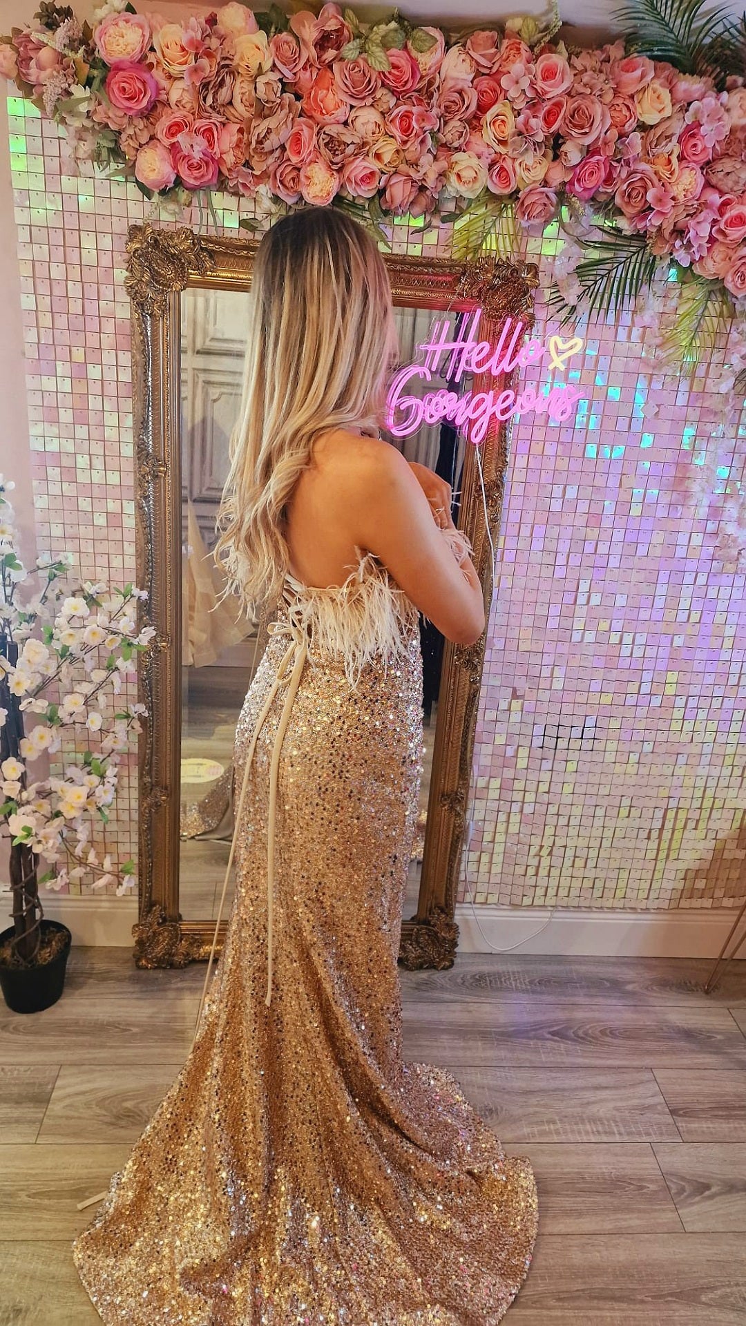 Felicity Gold Feather Sequin Strapless High Leg Split Formal Prom Dress