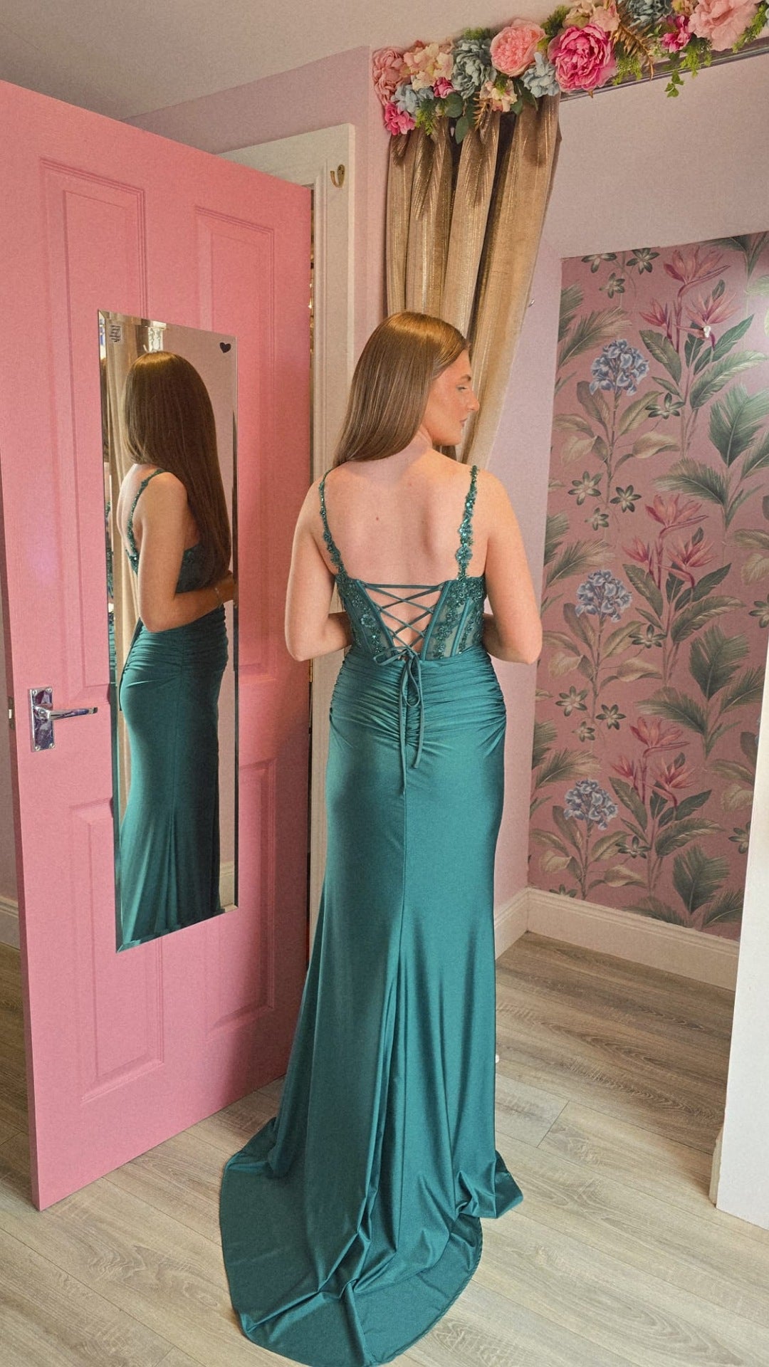Arabella Green Laced Back Thigh Split Formal Prom Dress