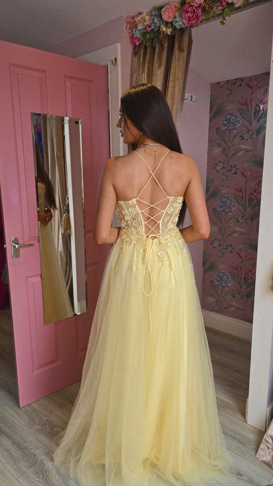 Holly Yellow Thigh Split Flower Detail Corset Ballgown Formal Prom Dress