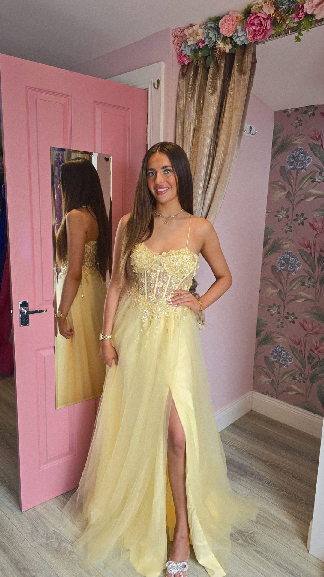 Holly Yellow Thigh Split Flower Detail Corset Ballgown Formal Prom Dress