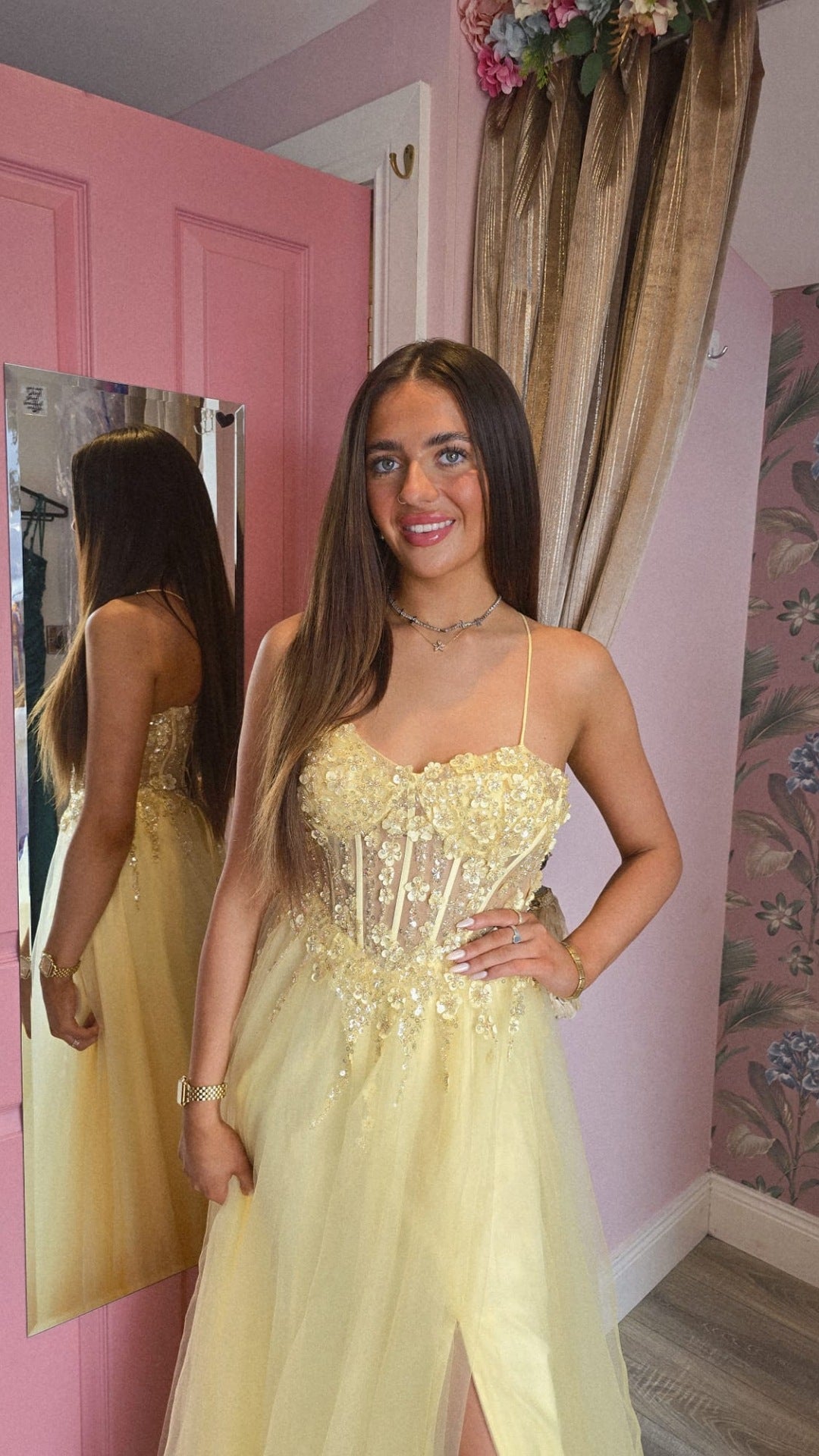 Holly Yellow Thigh Split Flower Detail Corset Ballgown Formal Prom Dress