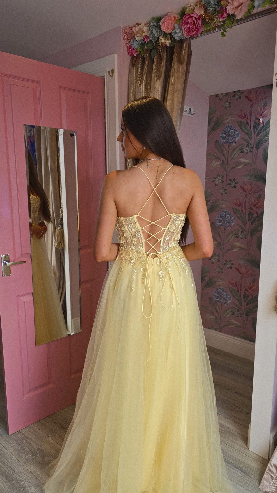 Holly Yellow Thigh Split Flower Detail Corset Ballgown Formal Prom Dress
