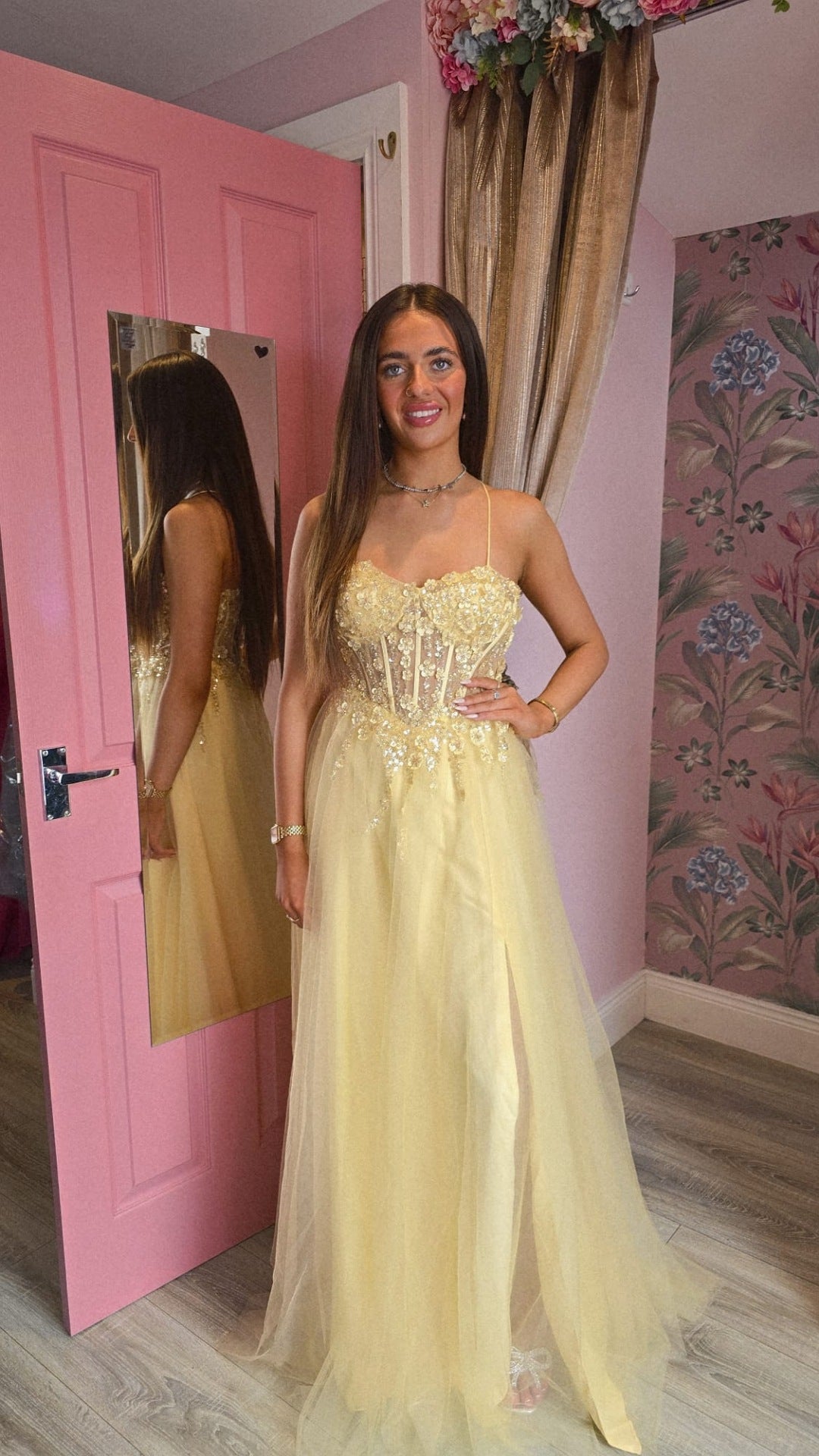 Holly Yellow Thigh Split Flower Detail Corset Ballgown Formal Prom Dress