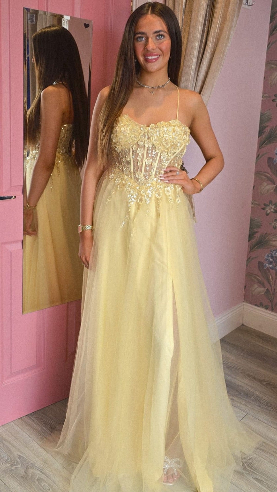 Holly Yellow Thigh Split Flower Detail Corset Ballgown Formal Prom Dress