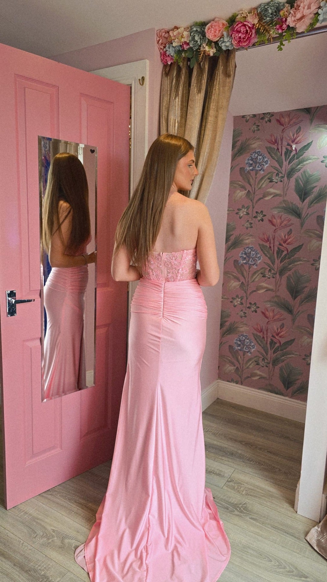 Maisie Pink Strapless Thigh Split Corset Formal Prom Dress