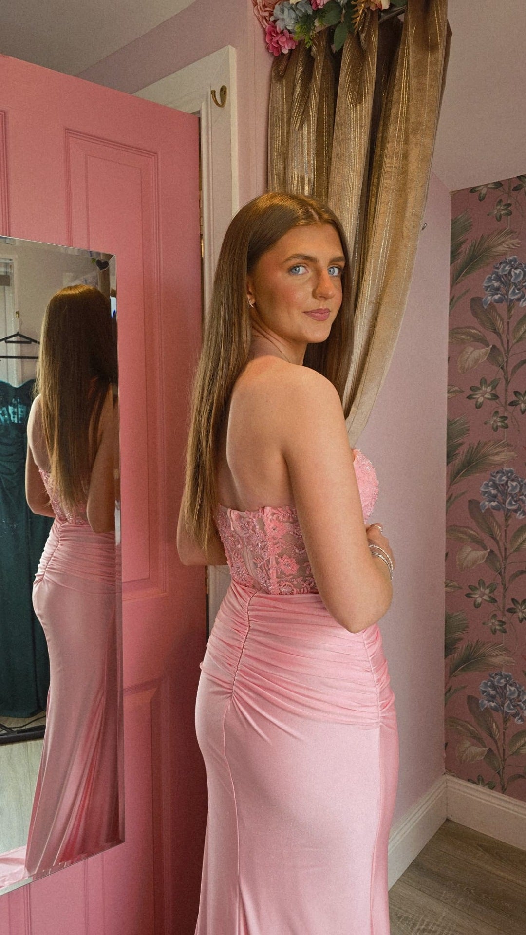Maisie Pink Strapless Thigh Split Corset Formal Prom Dress