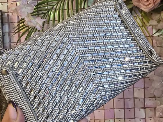 Elena Silver Diamante Envelope Clutch Handbag