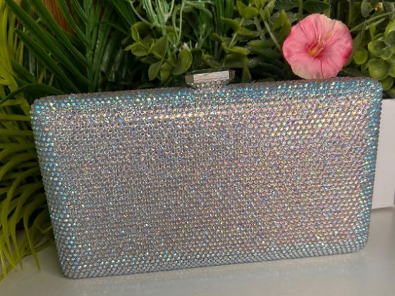 Leah Silver Iridescent Crystal Clutch Handbag