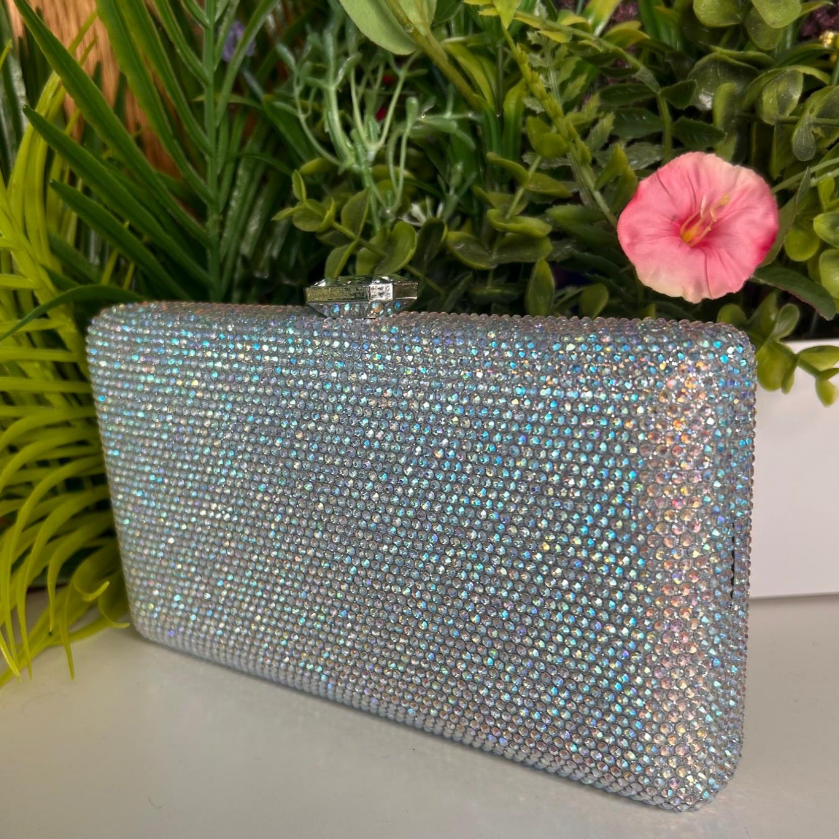 Leah Silver Iridescent Crystal Clutch Handbag