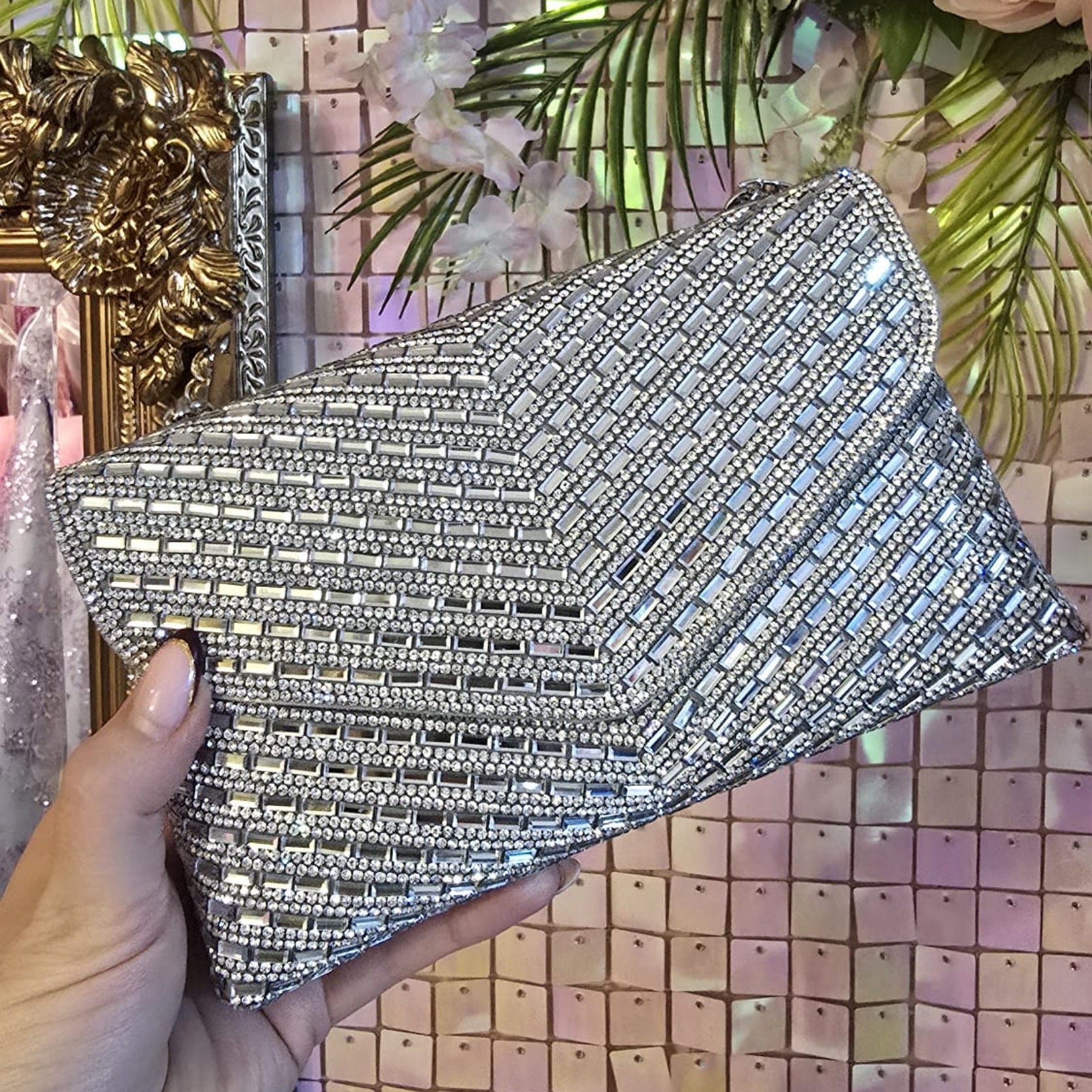 Elena Silver Diamante Envelope Clutch Handbag
