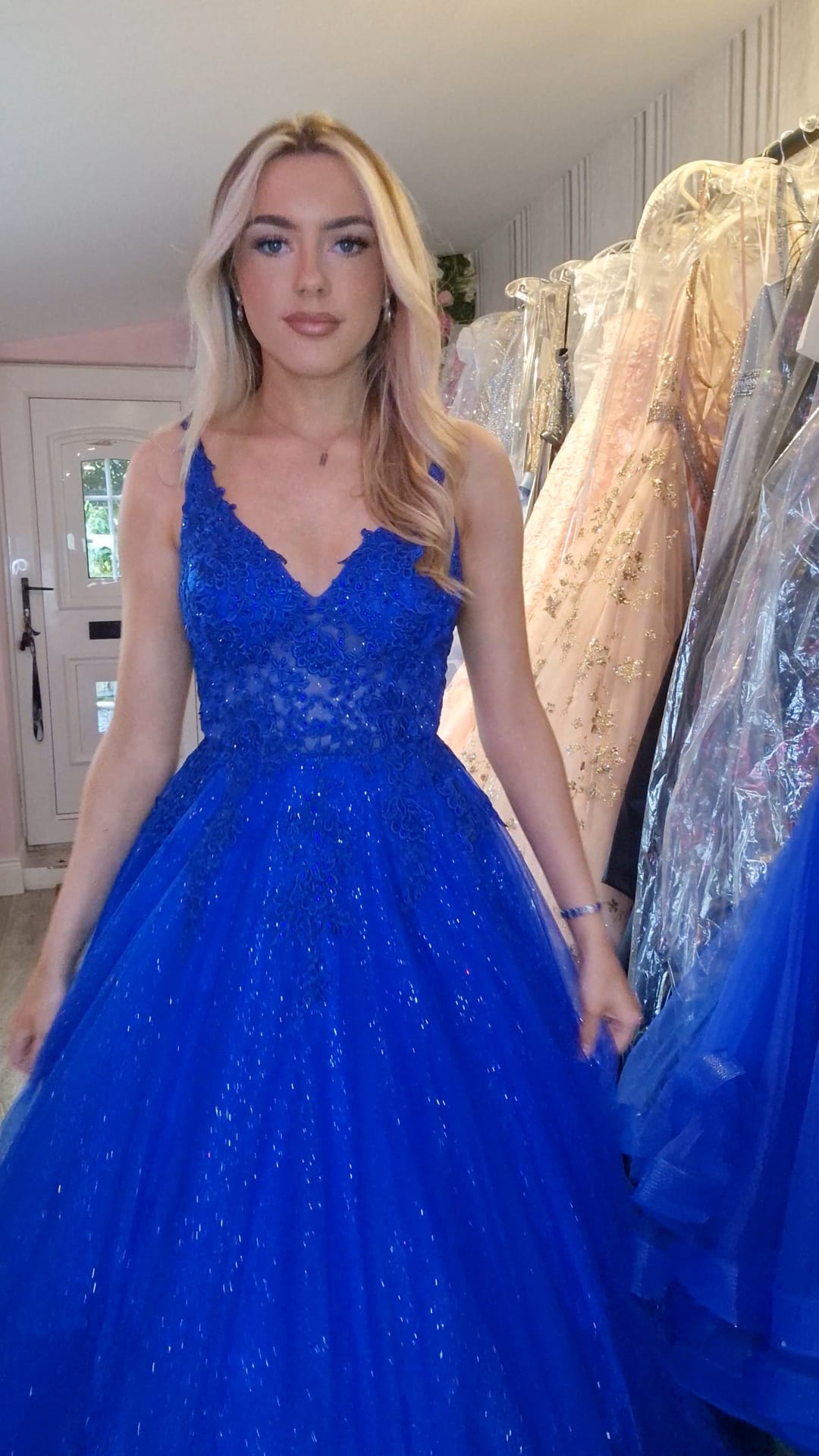 Brooklyn Blue V Neck Laced Detail Bodice Ball Gown Formal Prom Dress