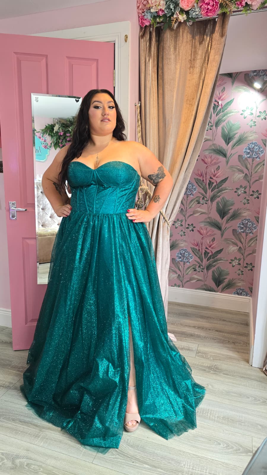 Alyssa Green Sparkle Material Strapless Leg Split Ballgown Formal Prom Dress Ball Gown