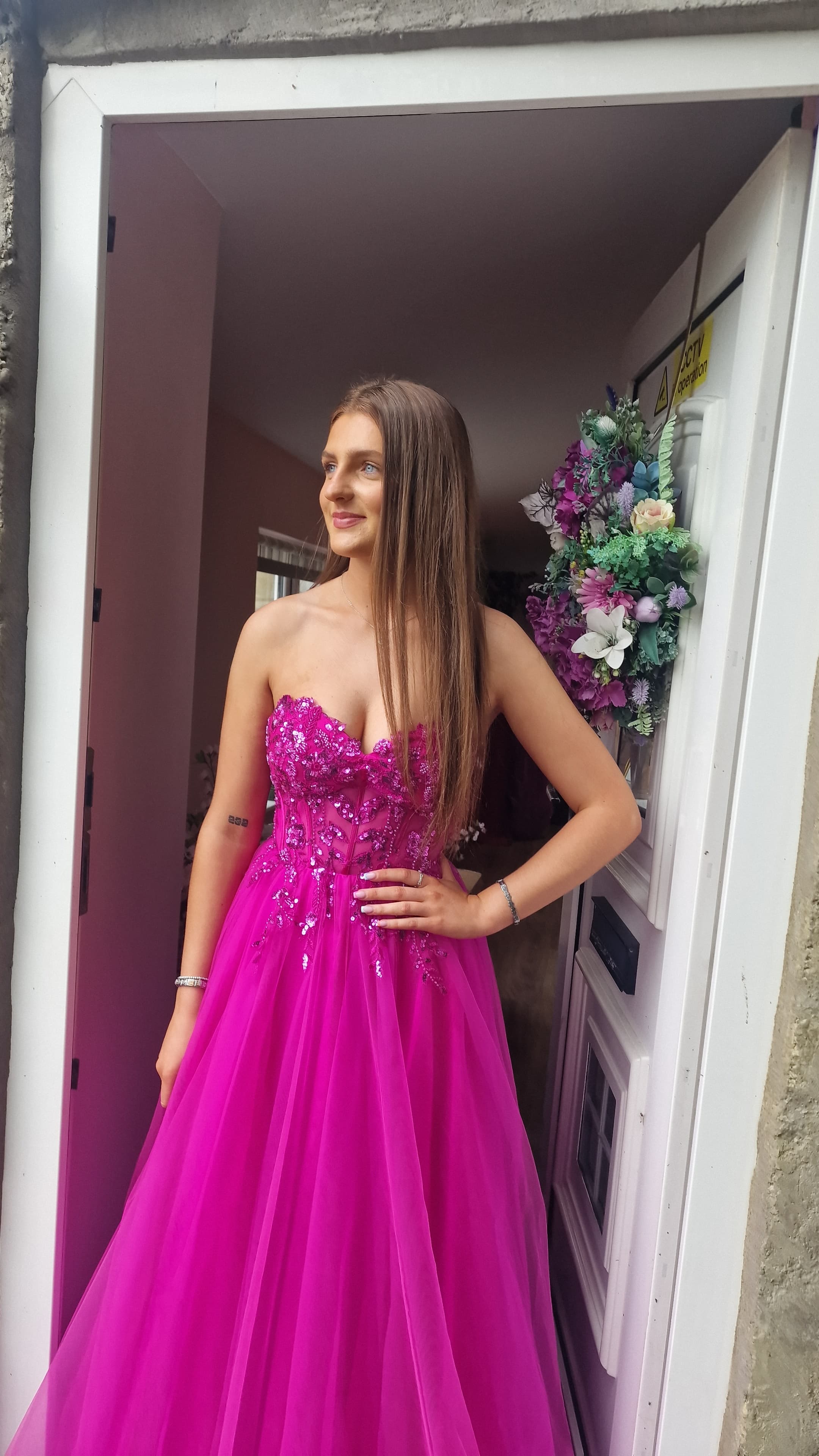 Connie Magenta Mesh Corset Laced Back Strapless Ballgown Formal Prom Dress