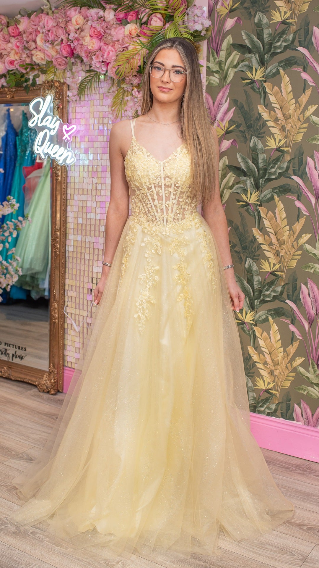 Anna Yellow Flower Detail Laced Back Skinny Straps Ballgown Formal Prom Dress Ball Gown