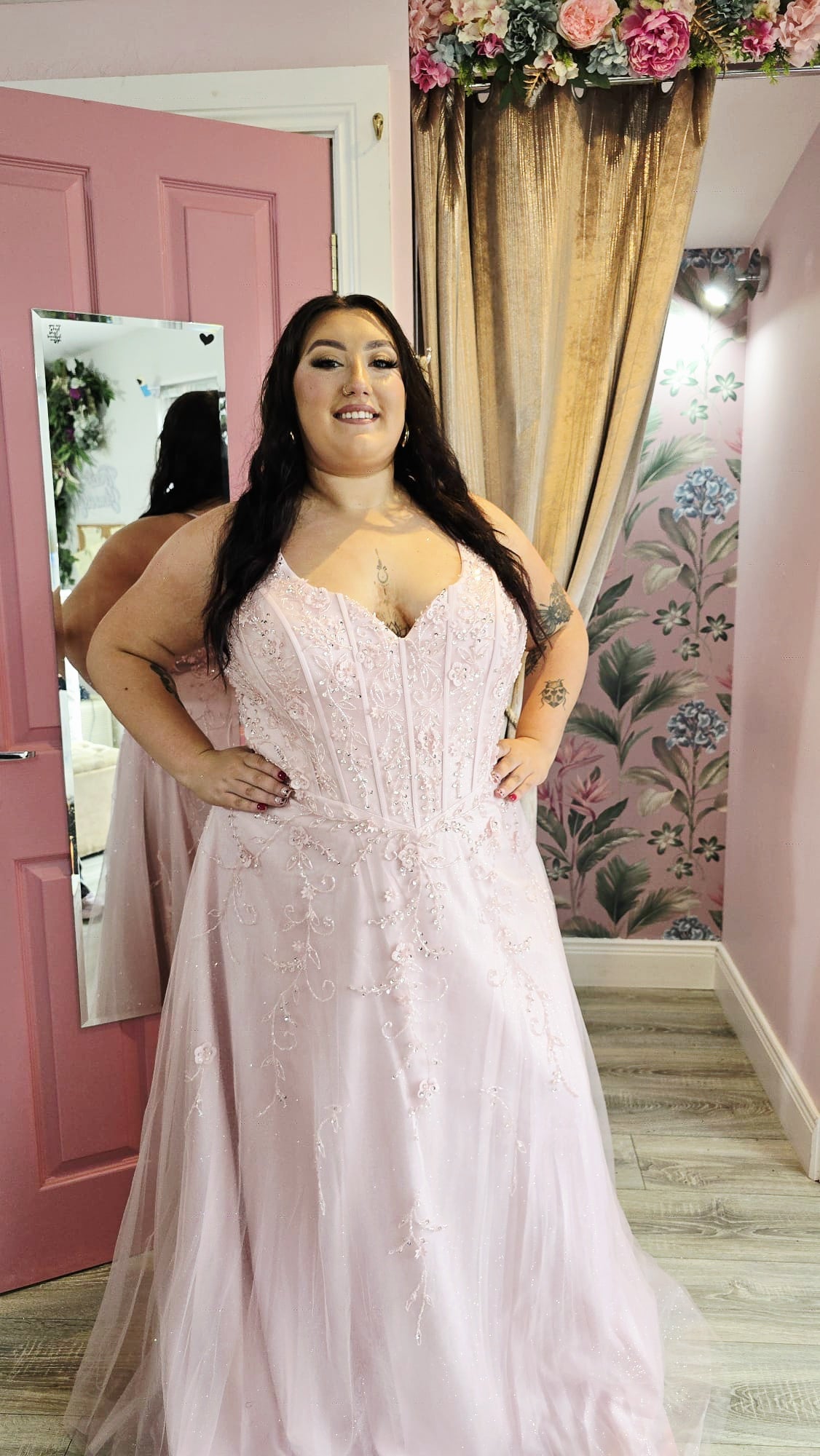 Diana Pink Corset Bodice V-Neckline Beaded Skinny Straps Ballgown Formal Prom Dress Ball Gown