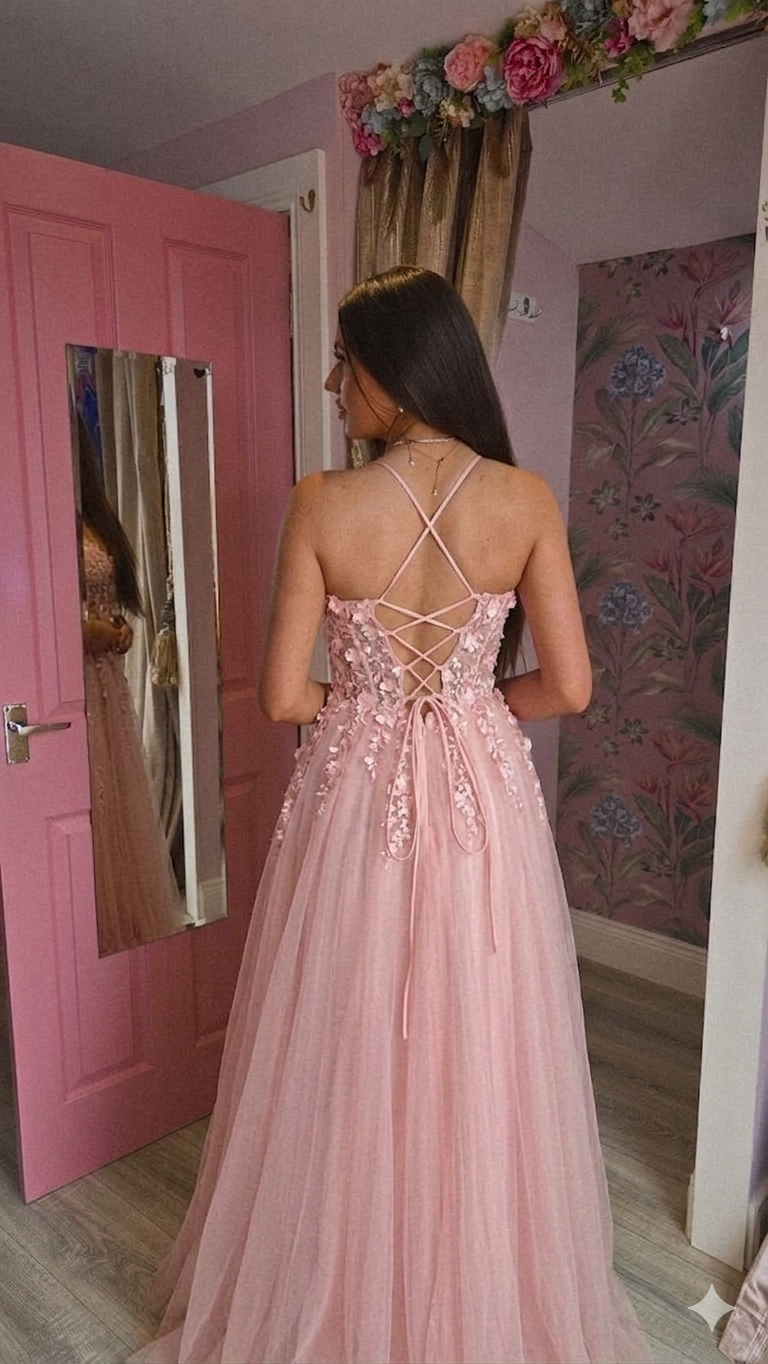 Holly Pink Thigh Split Flower Detail Corset Ballgown Formal Prom Dress Ball Gown