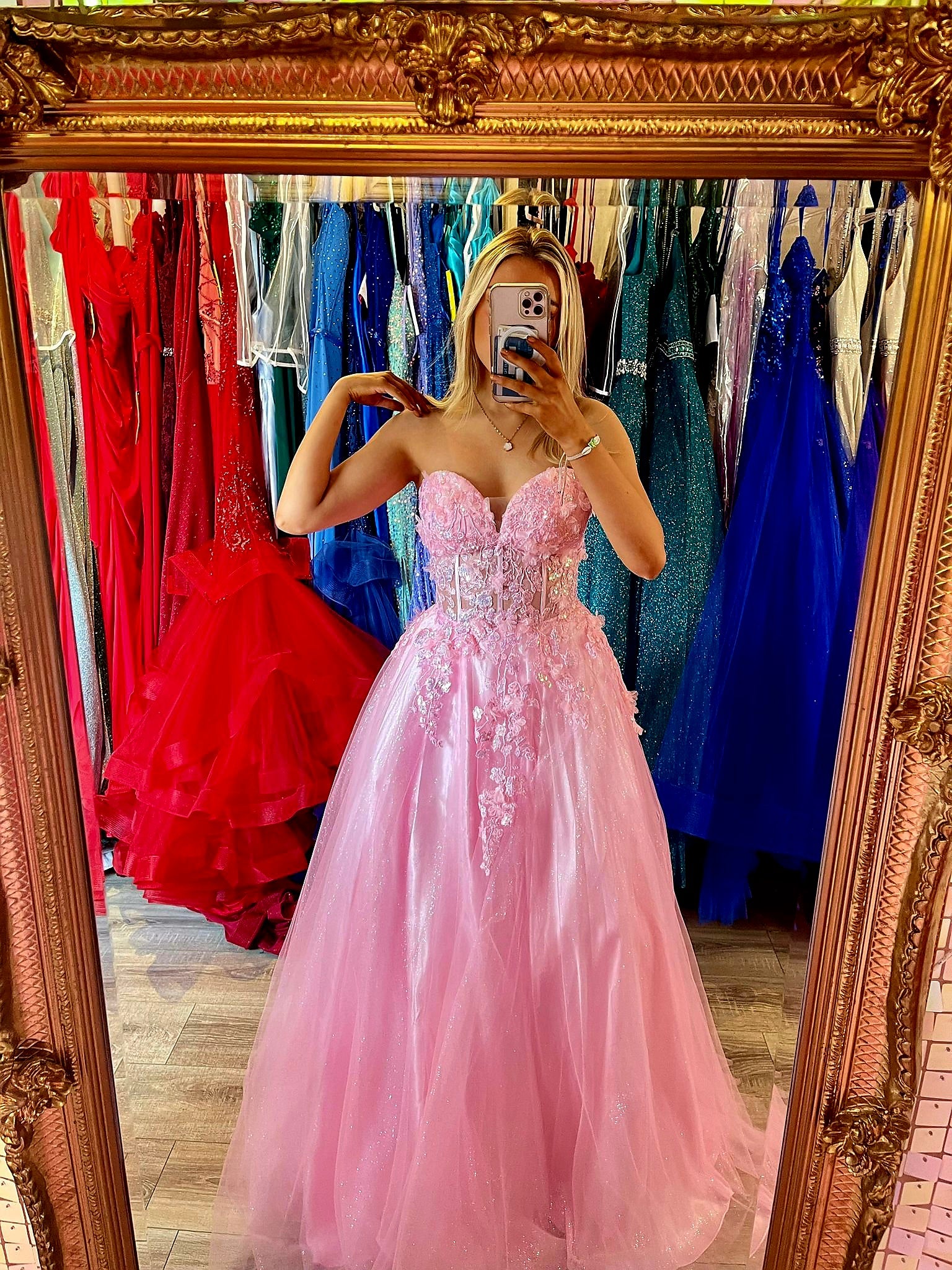 Ellen Baby Pink Strapless Flower Detail Ball Gown Formal Prom Dress