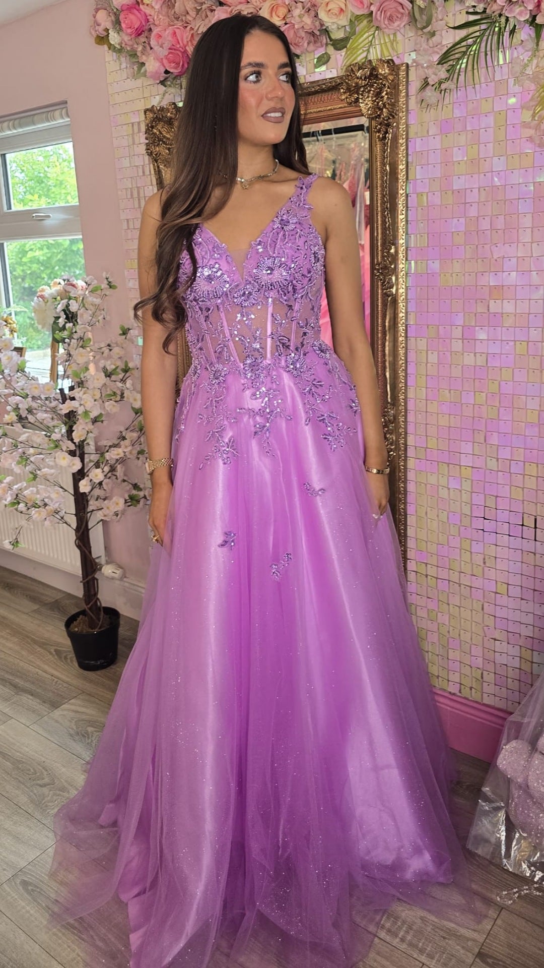 Hannah Purple Flower Detail Corset Sparkle Material Ballgown Formal Prom Dress