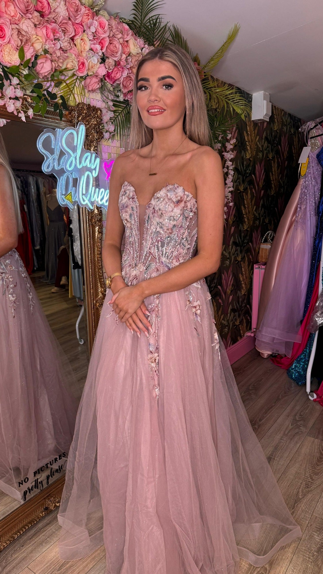 Delta Mauve Laced Corset Flower Detail Ballgown Formal Prom Dress Ball Gown