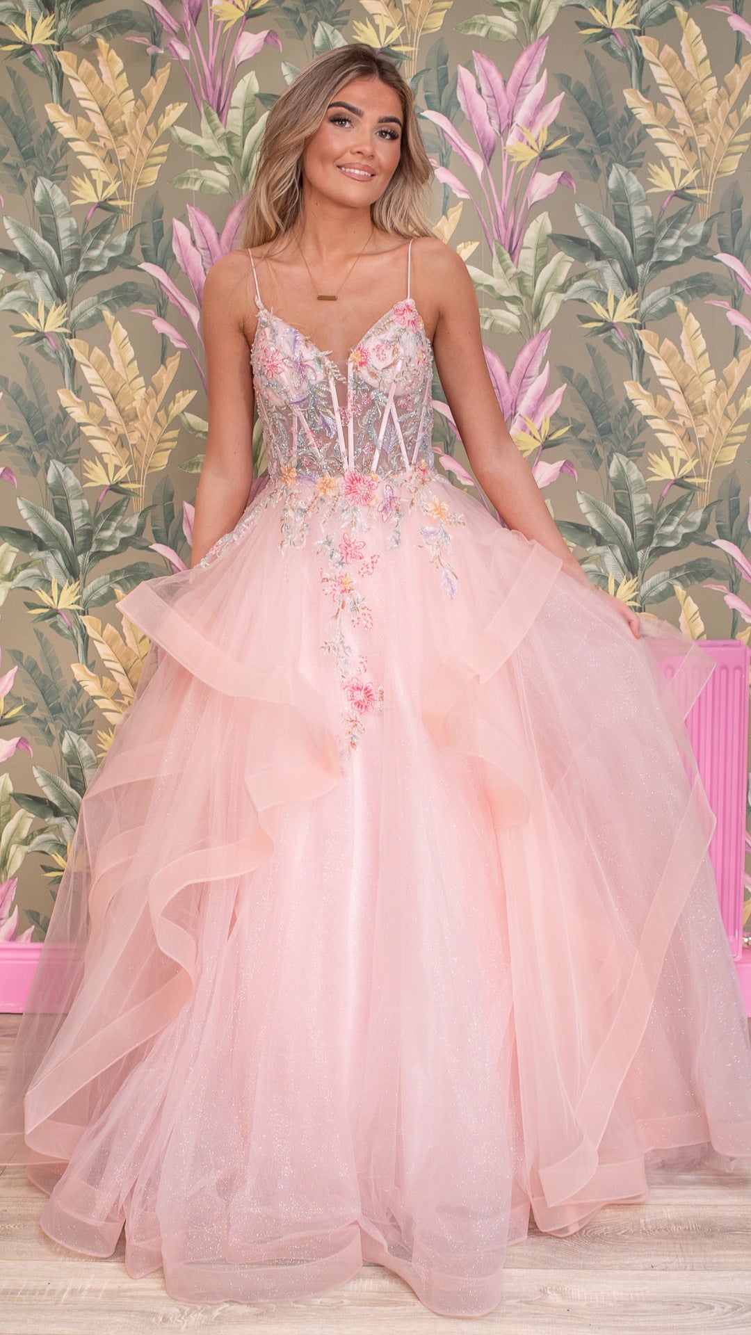 Quinella Pink Flower Detail Skinny Strap Layered Ballgown Formal Prom Dress Ball Gown