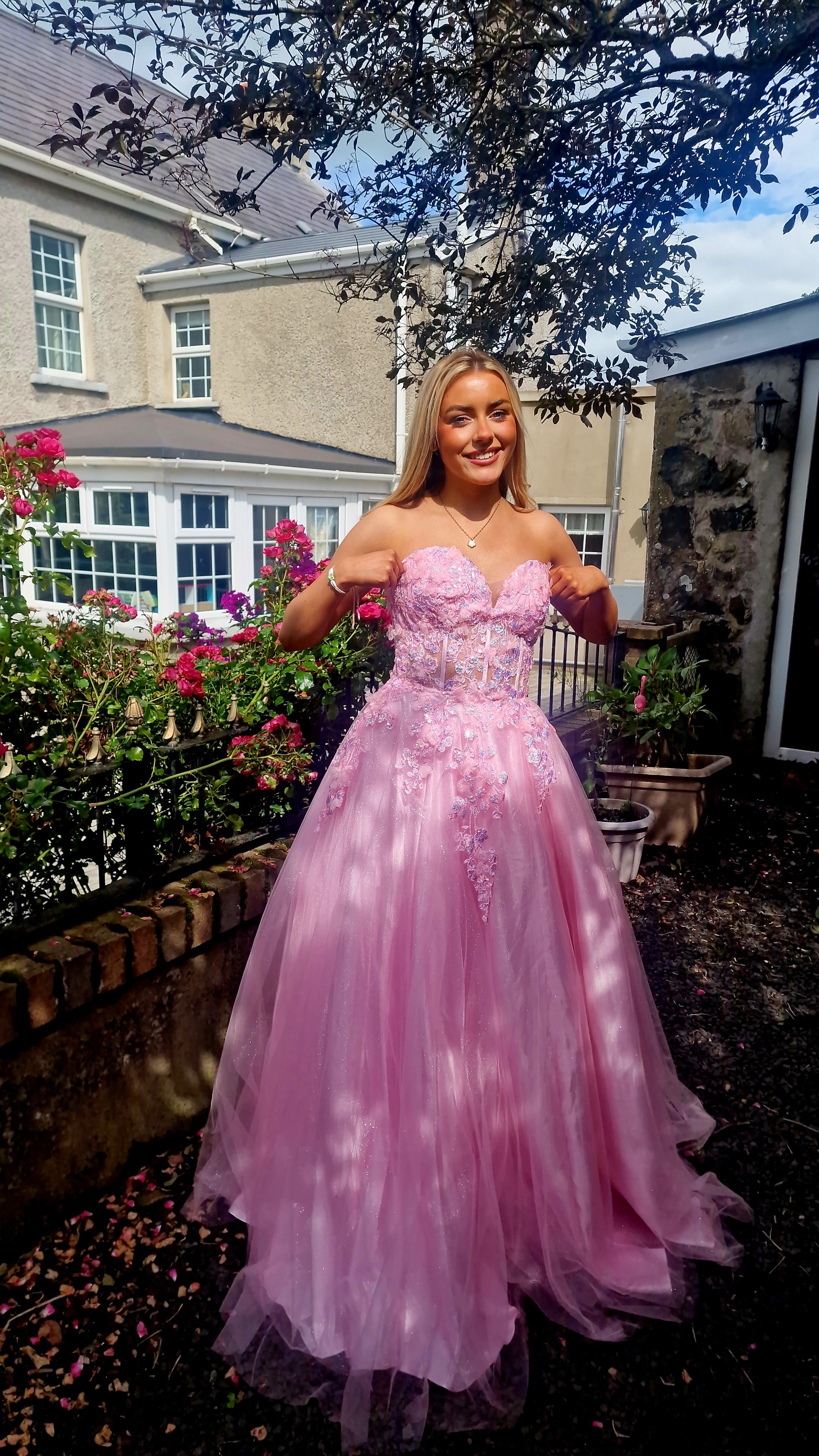 Ellen Baby Pink Strapless Flower Detail Ball Gown Formal Prom Dress