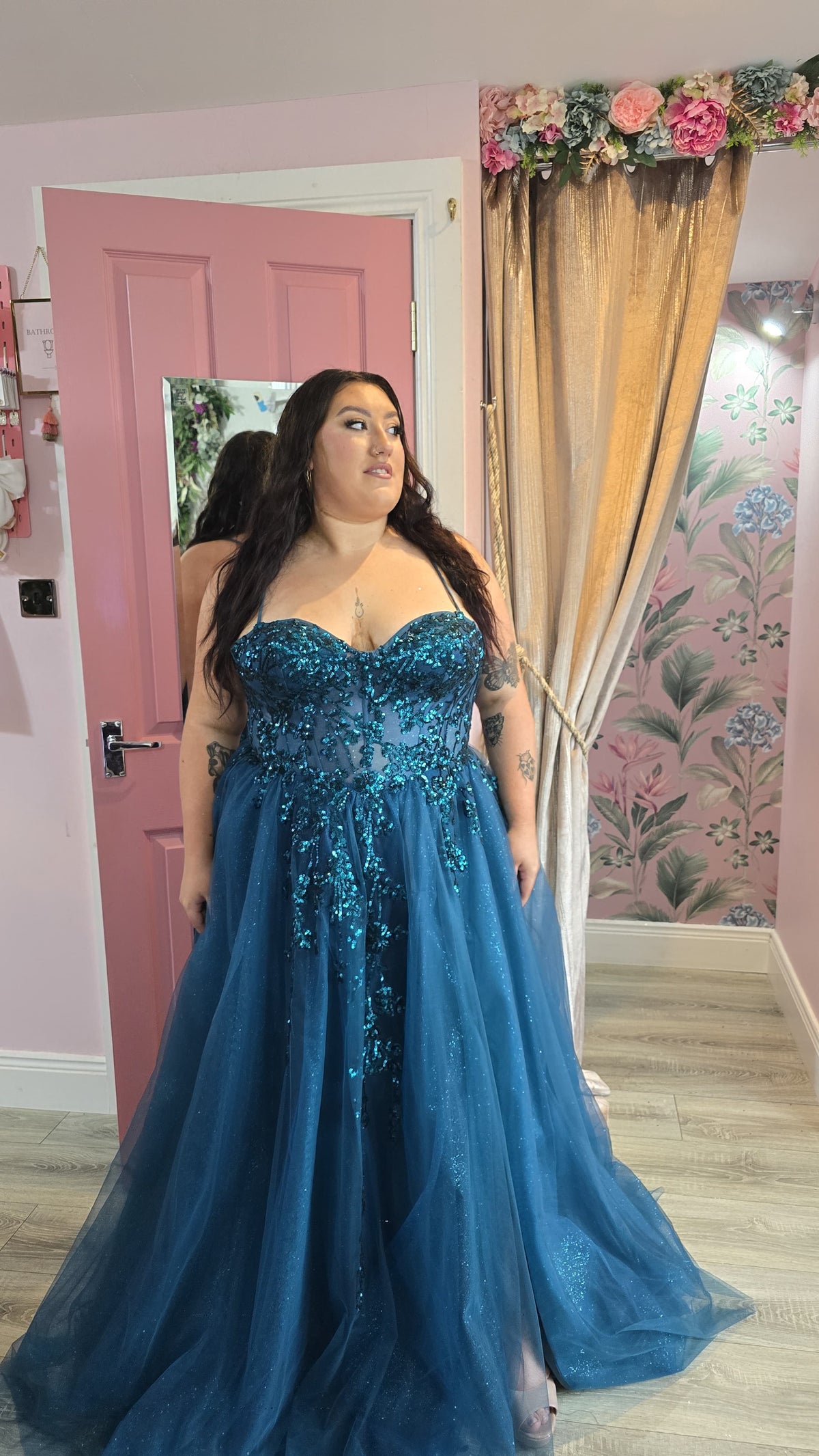 Lia Teal Blue Sparkling Sequined Embroidery Bodice And Tulle Skirt Ballgown Formal Prom Dress Ball Gown